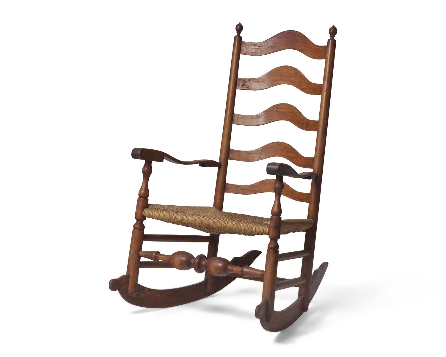 A Maple and Hickory Ladderback Rush-Seat Armchair Modified as a Rocking Chair, Delaware Valley