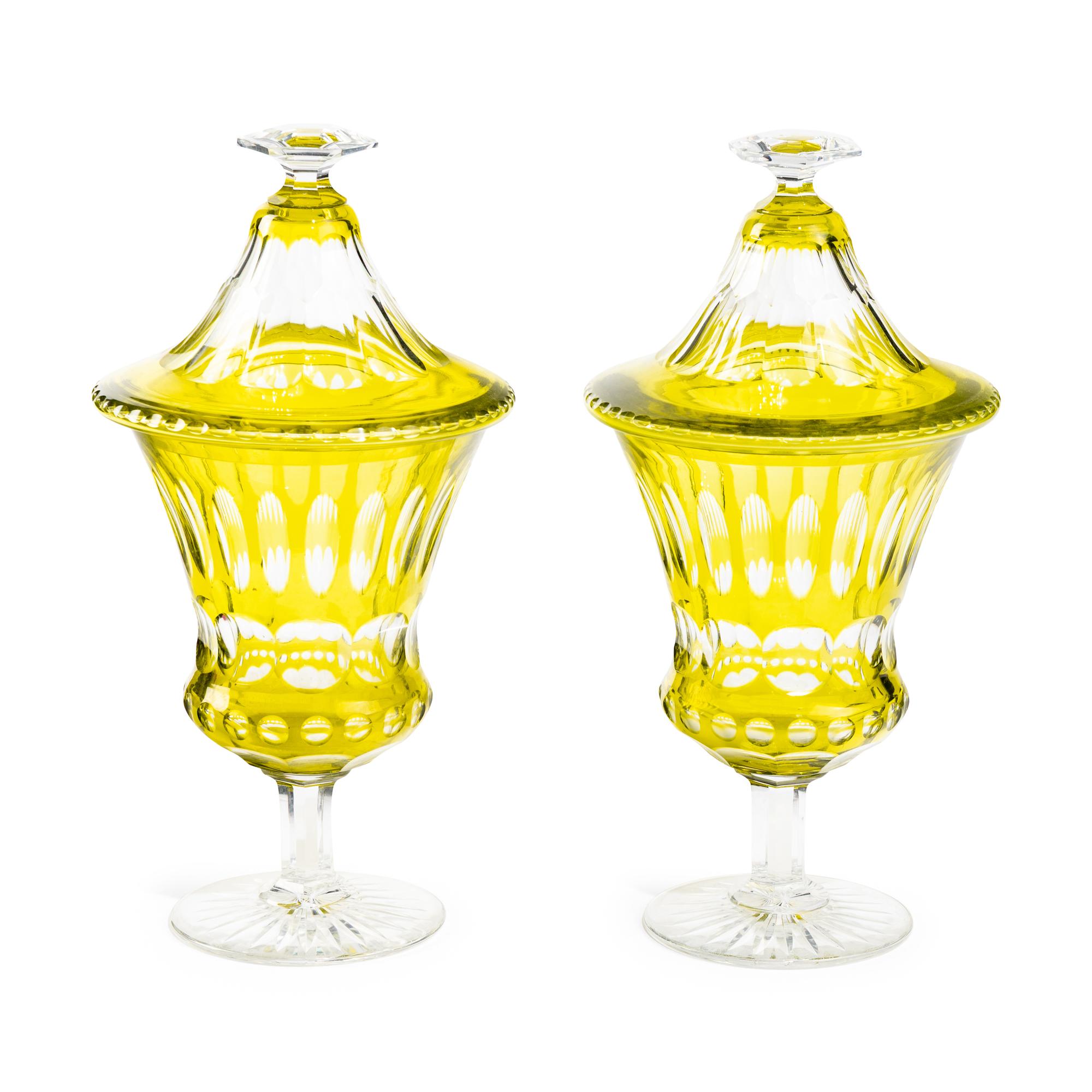 A Pair of Val St. Lambert Chartreuse Cut-To-Clear Glass Pokals