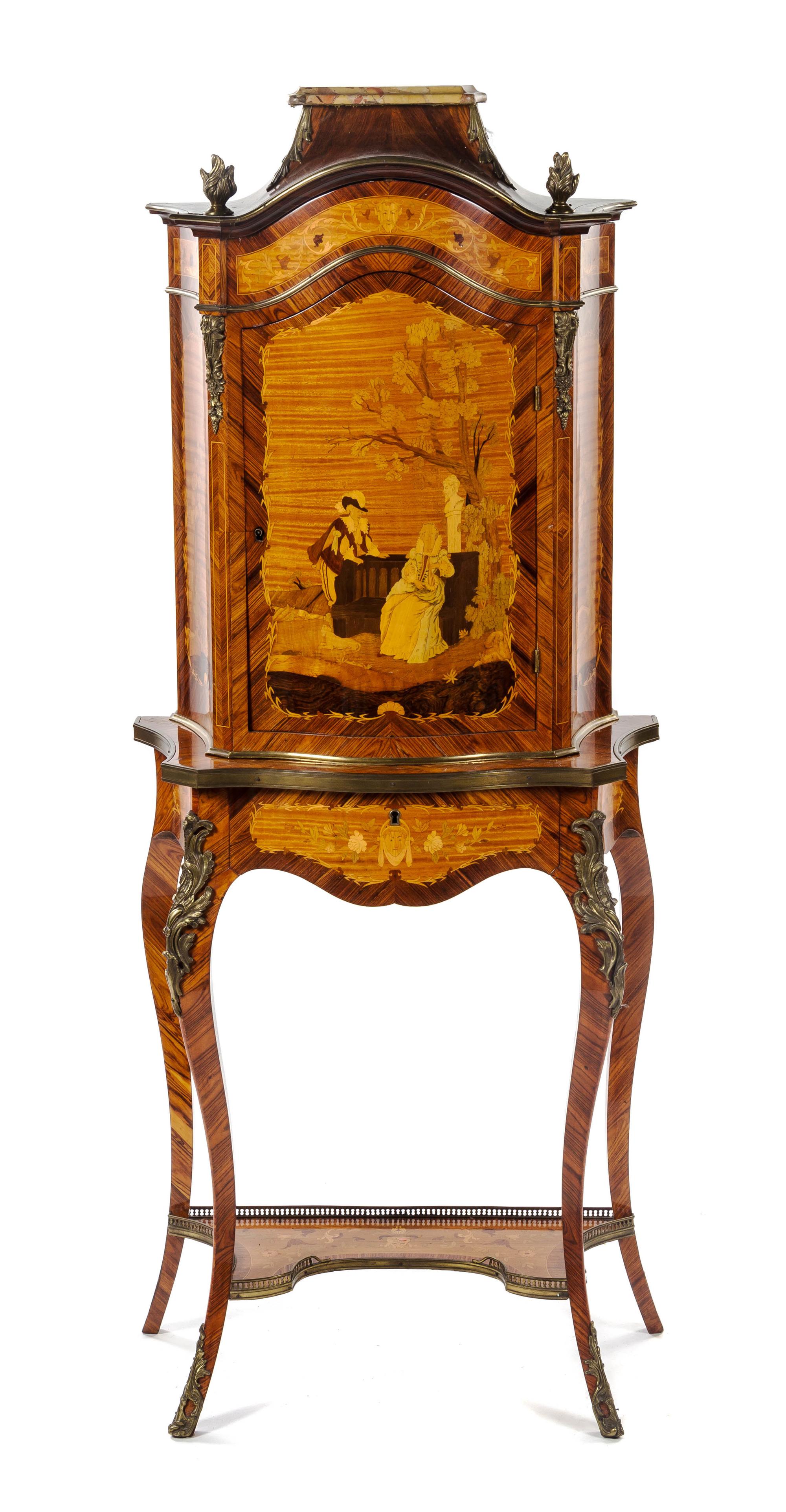 A Louis XV Style Kingwood, Satinwood and Marquetry Cabinet on Stand, EARLY 20TH CENTURY, Height 62 7/8 x width 23 x depth 11 7/8 inches — EARLY 20TH CENTURY,
