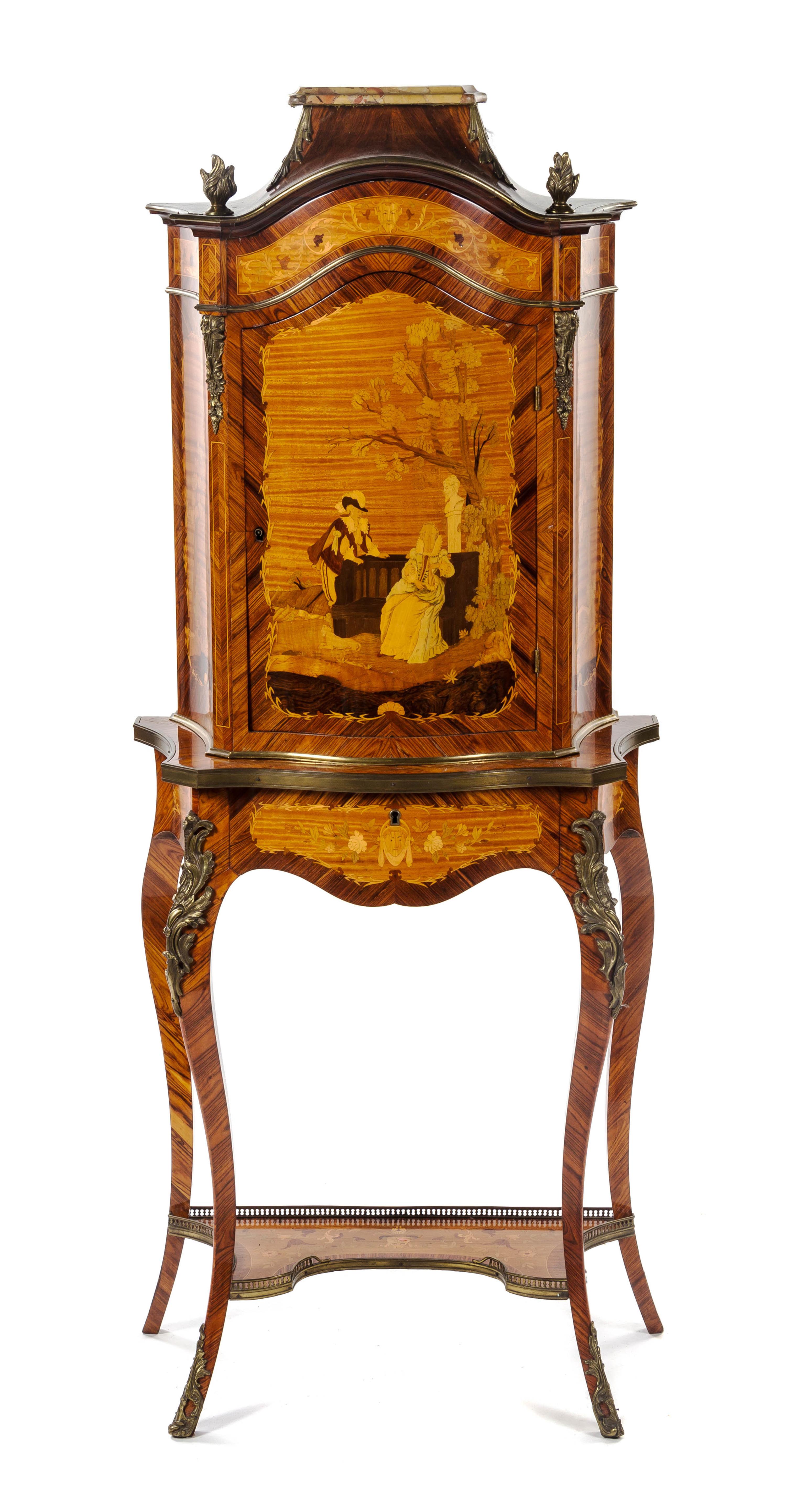 A Louis XV Style Kingwood, Satinwood and Marquetry Cabinet on Stand, EARLY 20TH CENTURY, Height 62 7/8 x width 23 x depth 11 7/8 inches — EARLY 20TH CENTURY,