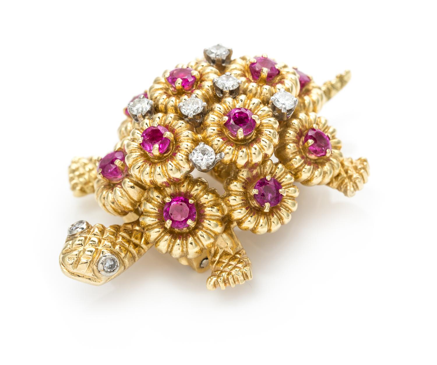 An 18 Karat Yellow Gold, Ruby and Diamond Turtle Brooch, 15.60 dwts.