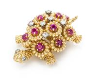 An 18 Karat Yellow Gold, Ruby and Diamond Turtle Brooch, 15.60 dwts.