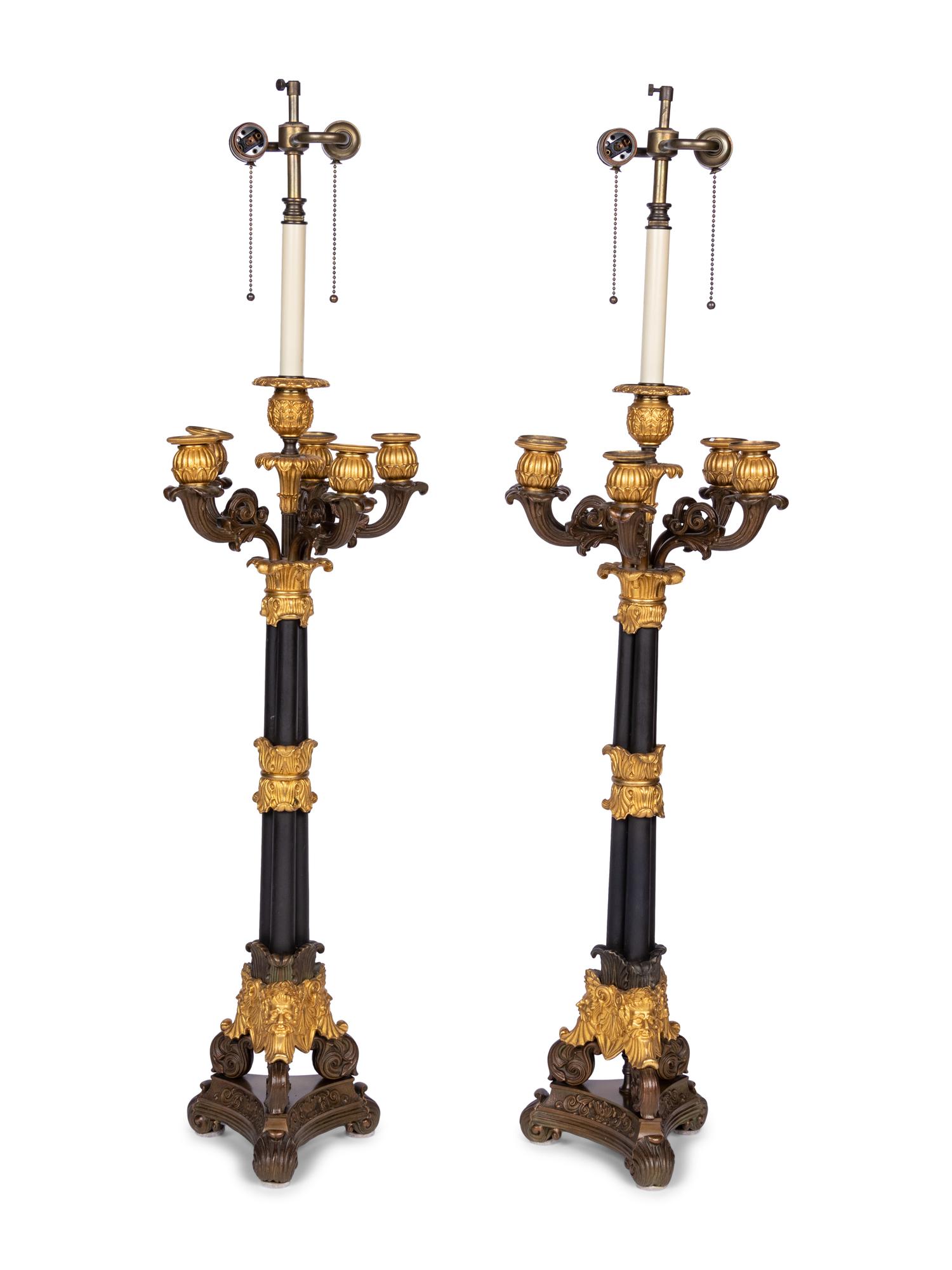A Pair of Louis Philippe Gilt and Patinated Metal Six-Light Candelabra Mounted as Lamps