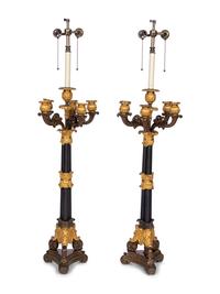 A Pair of Louis Philippe Gilt and Patinated Metal Six-Light Candelabra Mounted as Lamps