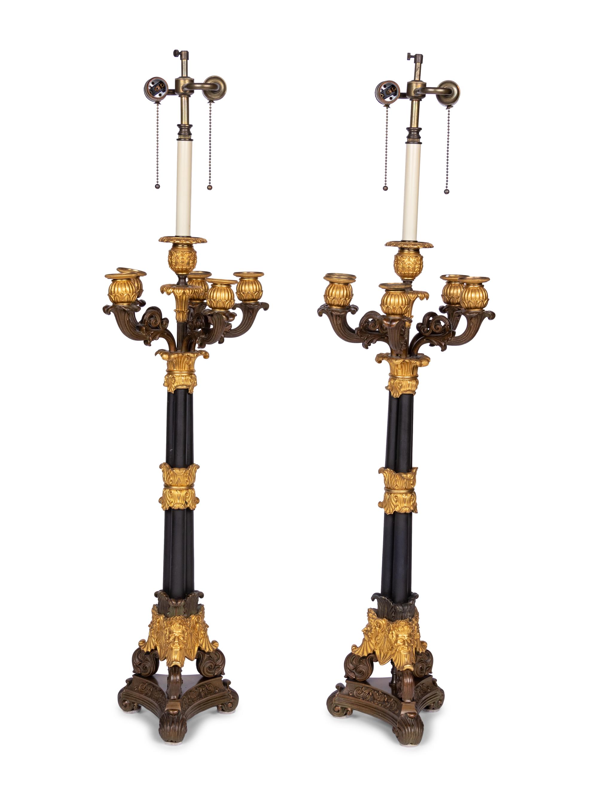 A Pair of Louis Philippe Gilt and Patinated Metal Six-Light Candelabra Mounted as Lamps