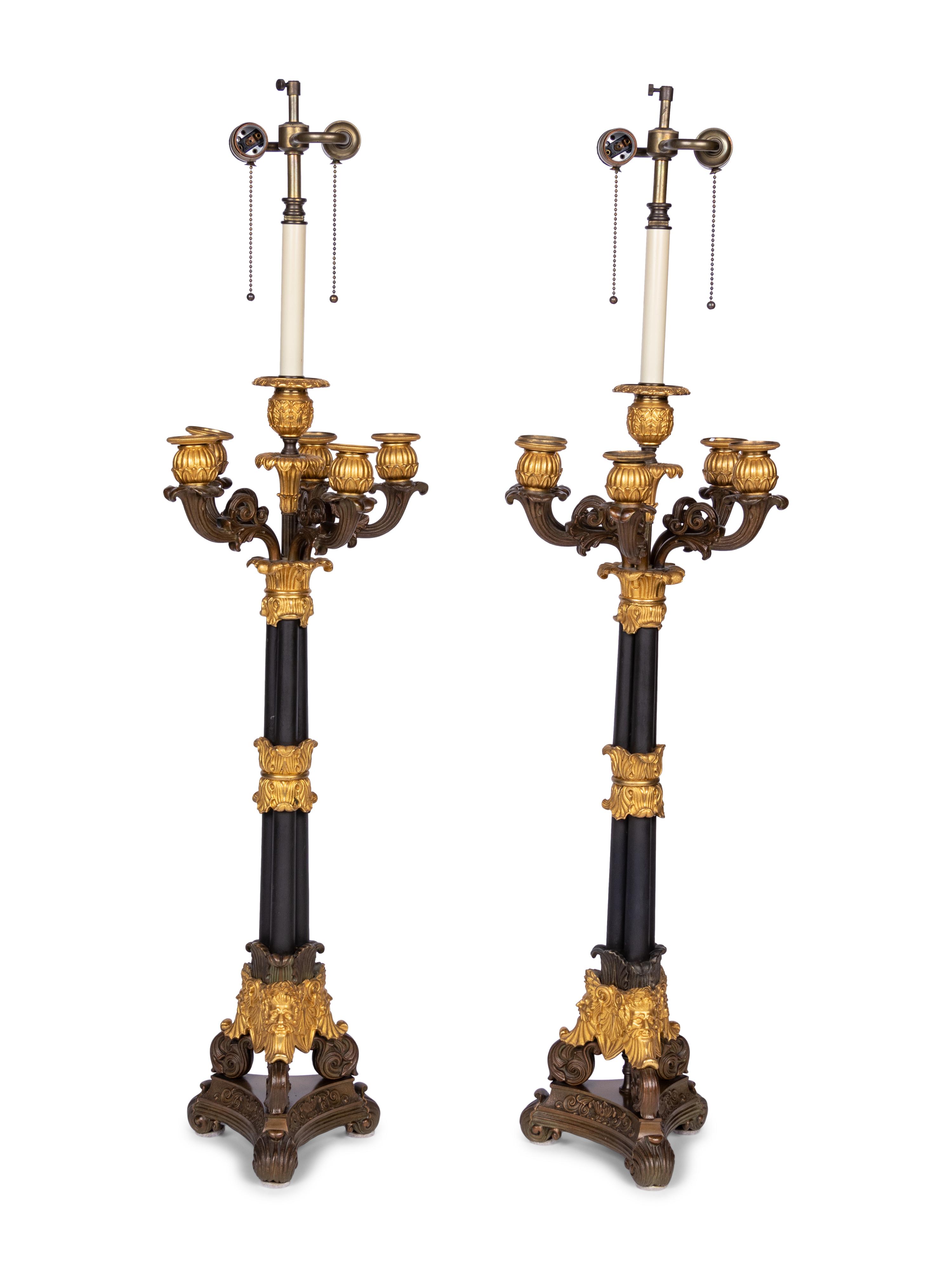 A Pair of Louis Philippe Gilt and Patinated Metal Six-Light Candelabra Mounted as Lamps