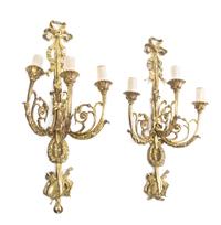 A Pair of Louis XVI Style Gilt Bronze Three-Light Sconces Height 24 1/2 inches.