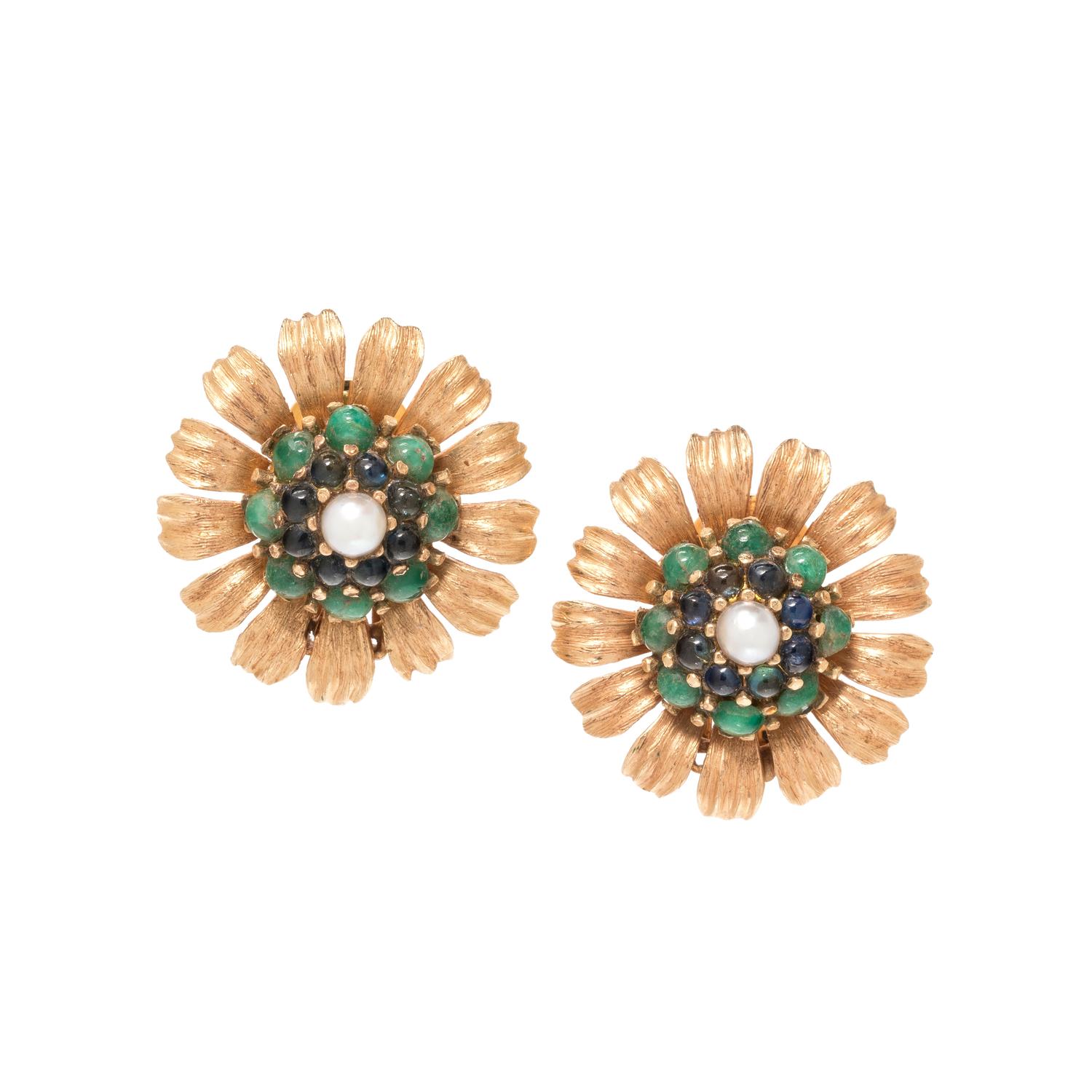 YELLOW GOLD, GEMSTONE AND CULTURED PEARL FLOWER EARCLIPS