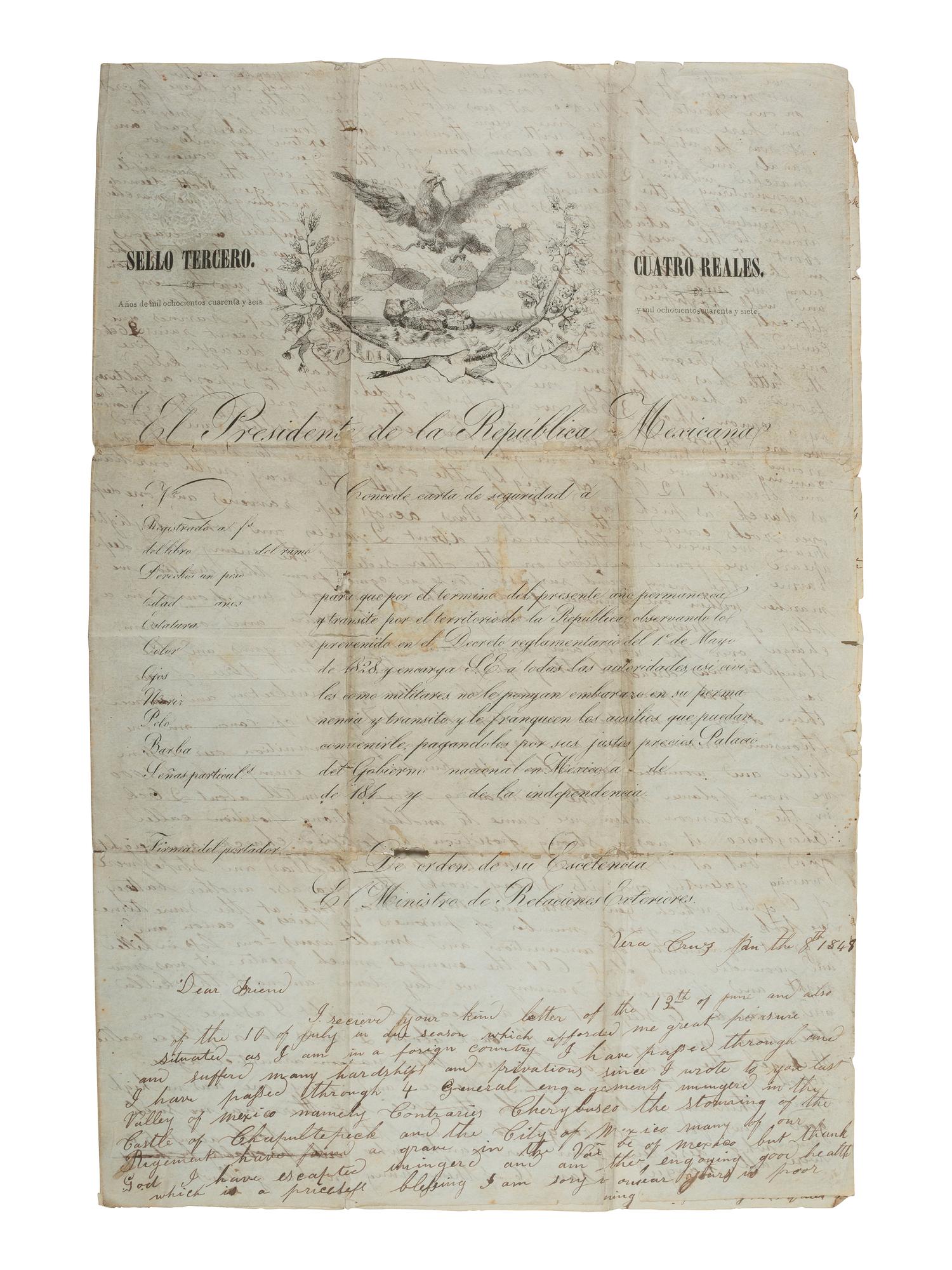 [MEXICAN-AMERICAN WAR]. Detailed letter on captured stationery describing storming the Castle of Chapultepec and the battle for Mexico City. Vera Cruz [Mexico], 8 January 1848.