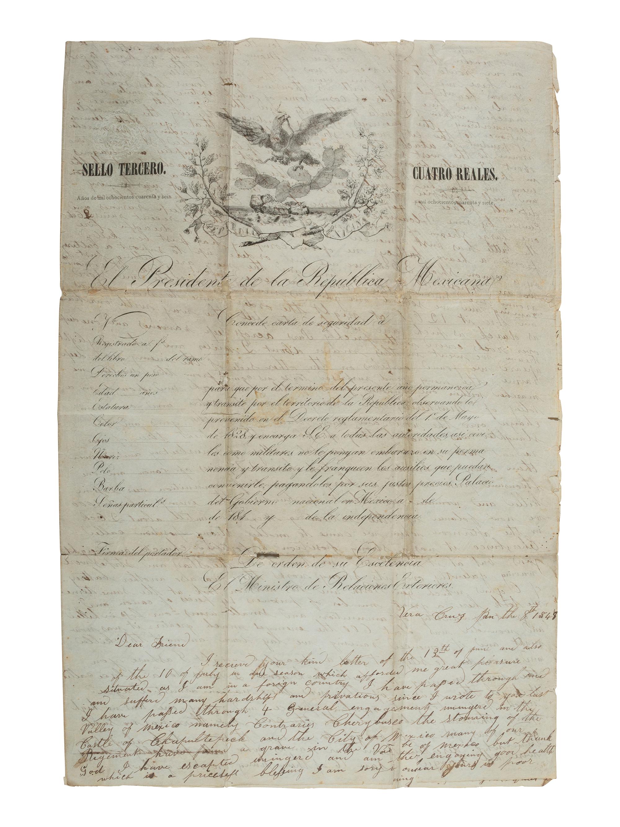 [MEXICAN-AMERICAN WAR]. Detailed letter on captured stationery describing storming the Castle of Chapultepec and the battle for Mexico City. Vera Cruz [Mexico], 8 January 1848.