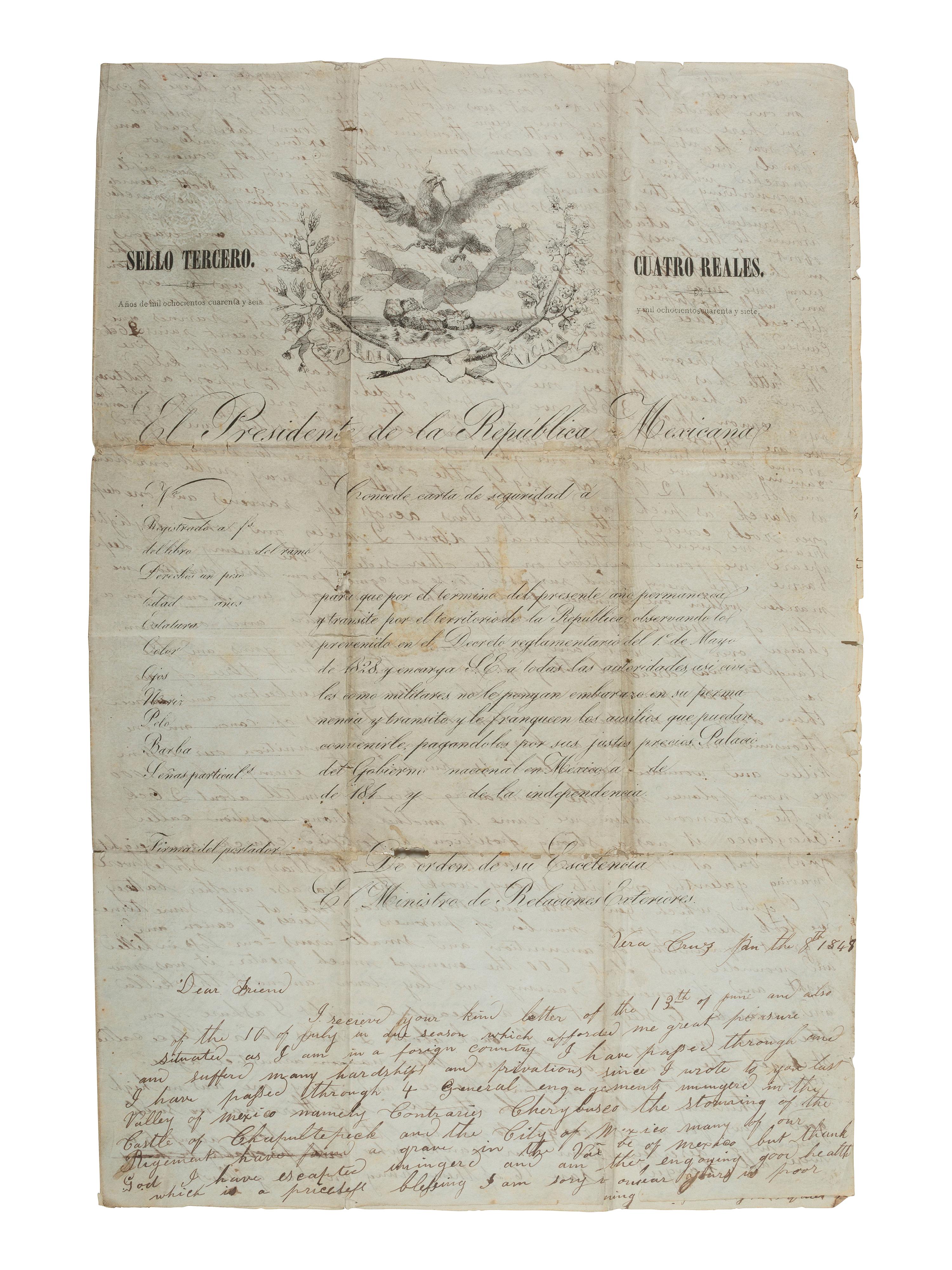[MEXICAN-AMERICAN WAR]. Detailed letter on captured stationery describing storming the Castle of Chapultepec and the battle for Mexico City. Vera Cruz [Mexico], 8 January 1848.