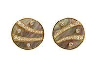 A Pair of 18 Karat Karat Yellow Gold, Mother-of-Pearl and Diamond Earclips, Gemlok, 24.50 dwts.