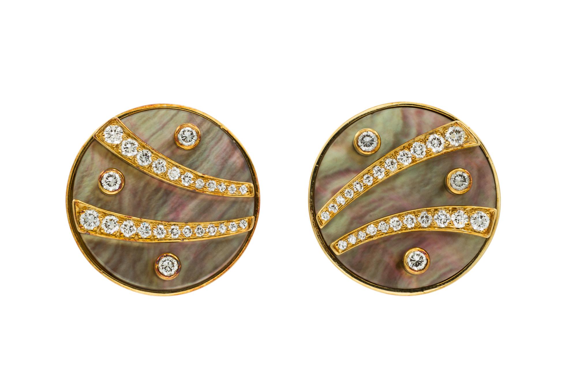 A Pair of 18 Karat Karat Yellow Gold, Mother-of-Pearl and Diamond Earclips, Gemlok, 24.50 dwts.
