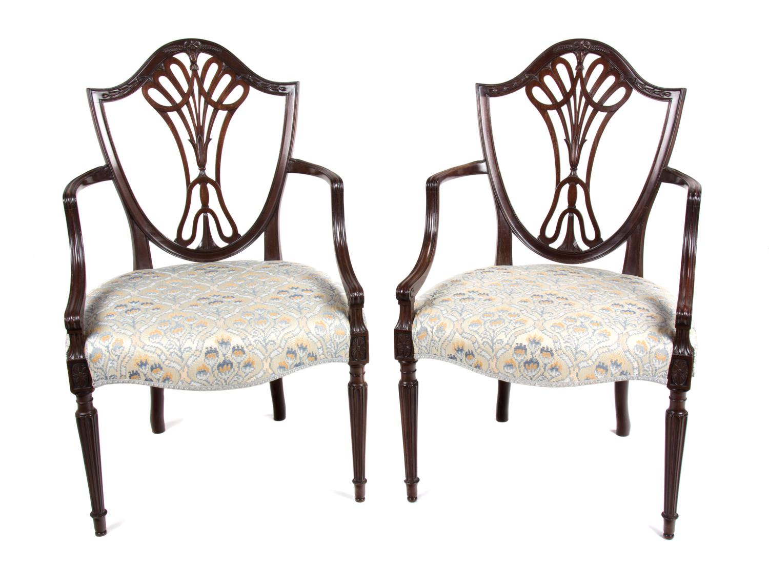 A Pair of Hepplewhite Style Mahogany Open Armchairs Height 36 1/2 inches. — 19TH CENTURY