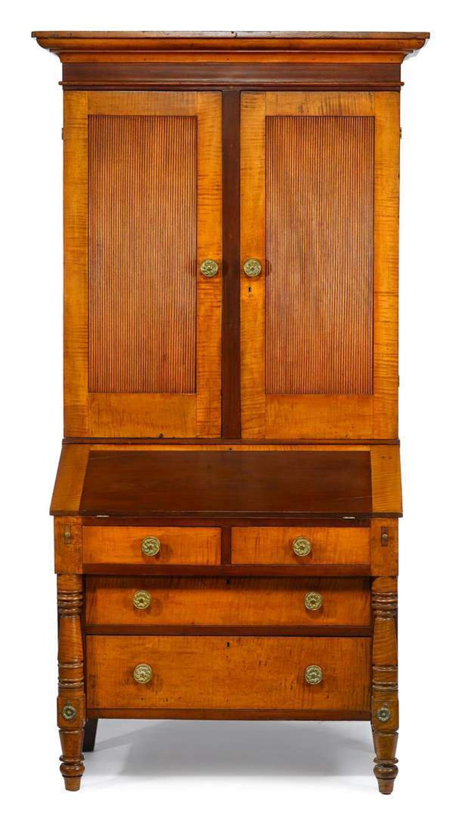 Figured maple and cherrywood secretary bookcase pennsylvania, circa 1825