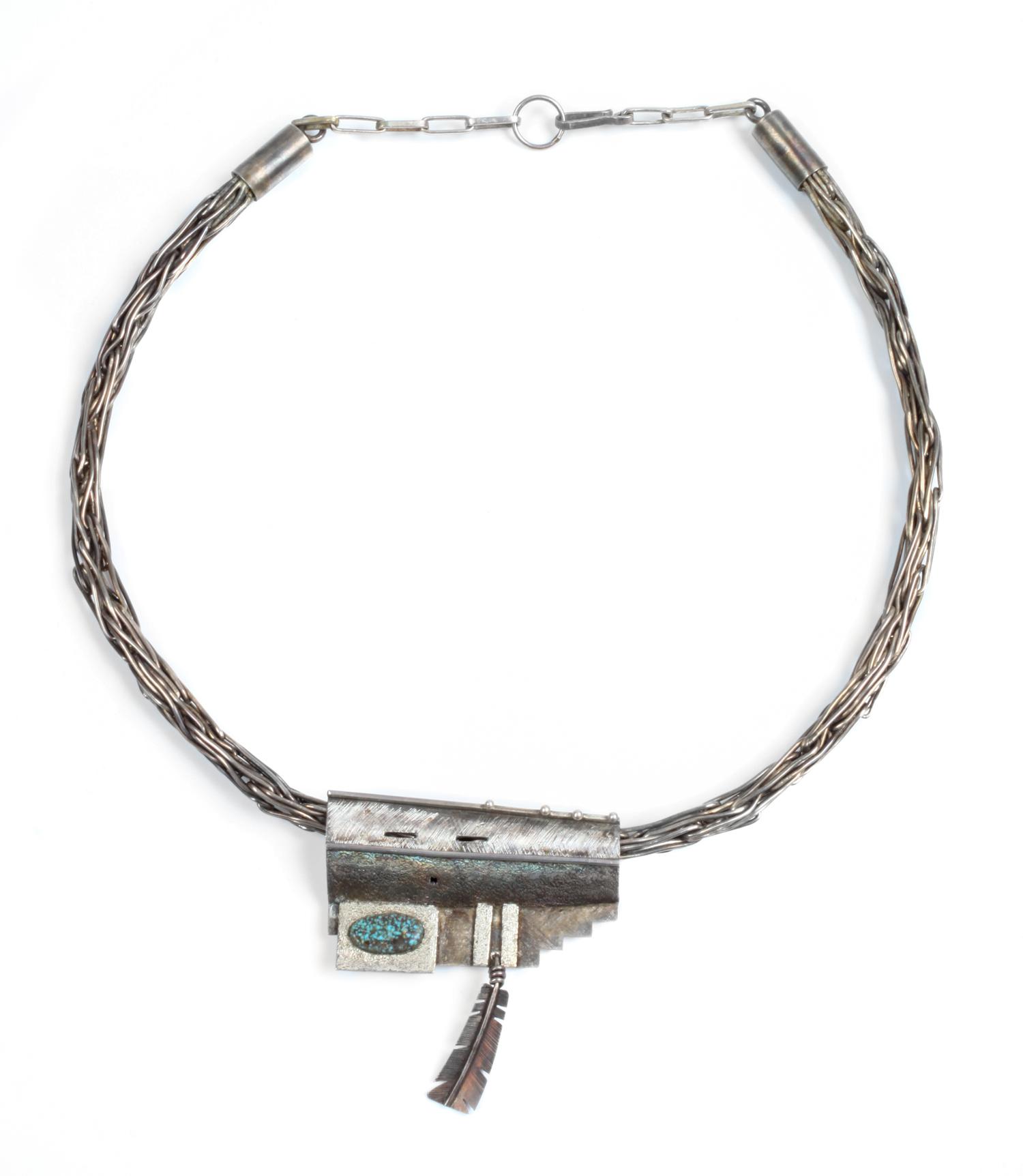 Raymond Sequaptewa (Hopi, b. 1948) Silver and Turquoise Necklace Length 17 inches