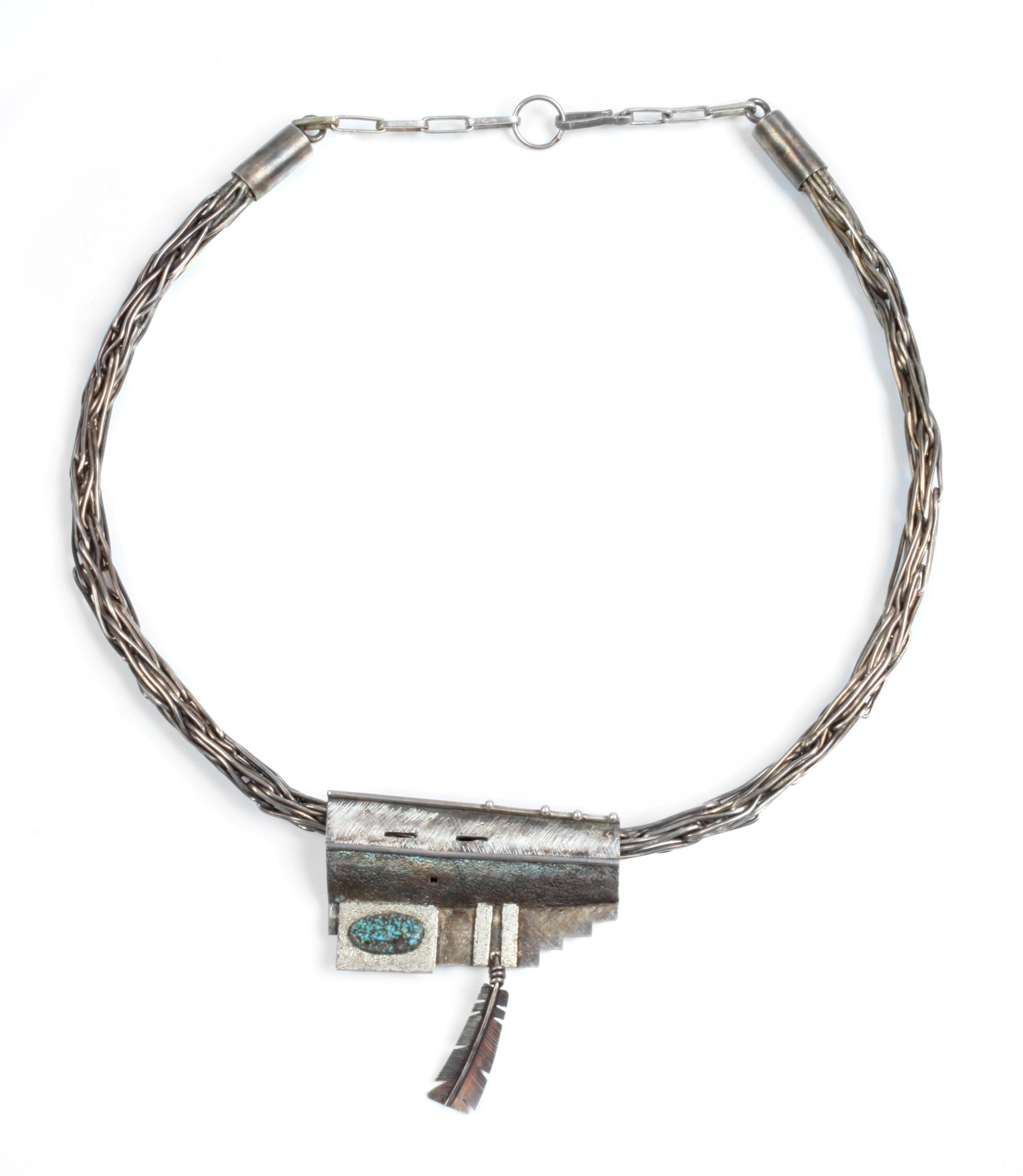 Raymond Sequaptewa (Hopi, b. 1948) Silver and Turquoise Necklace Length 17 inches
