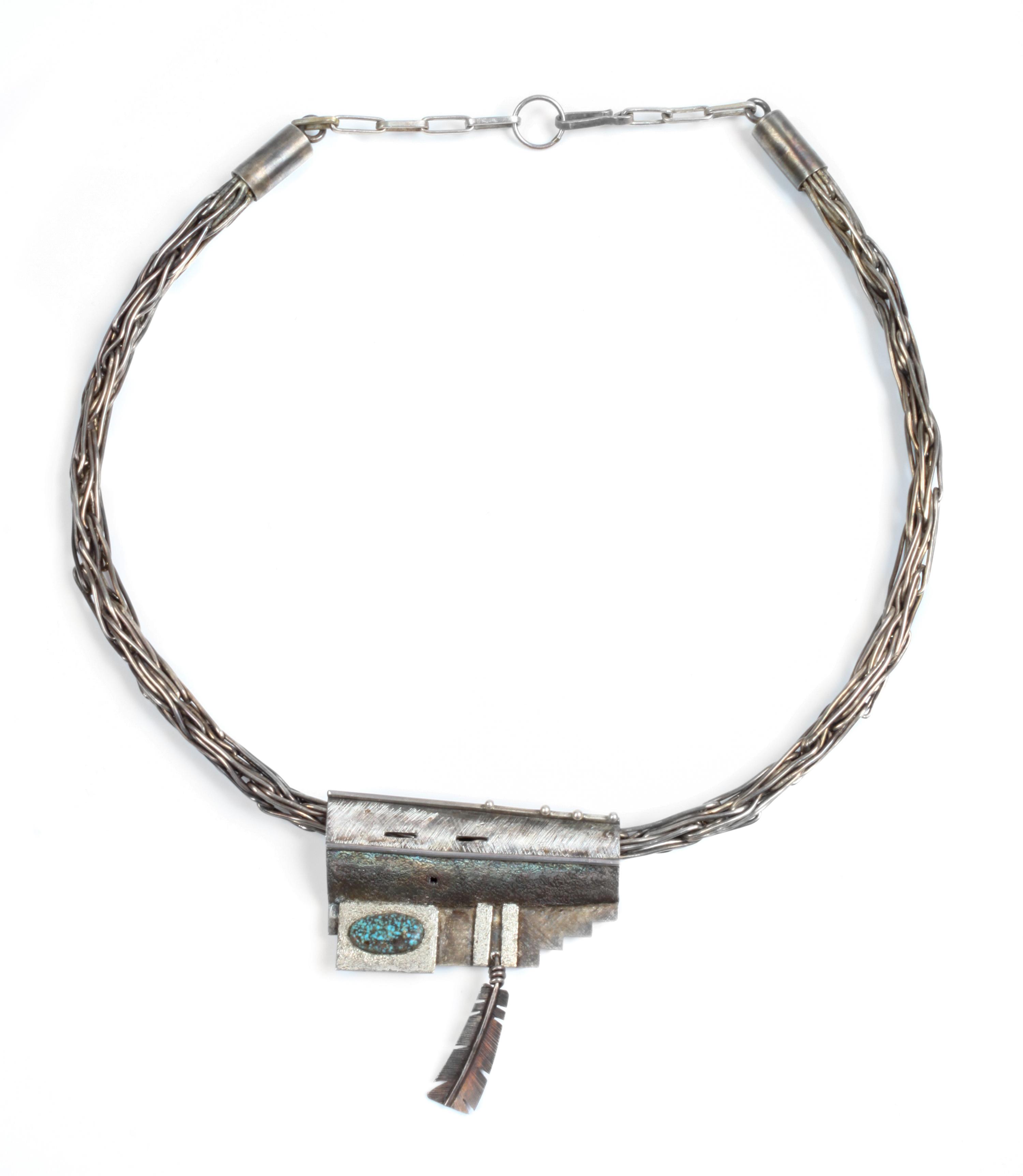 Raymond Sequaptewa (Hopi, b. 1948) Silver and Turquoise Necklace Length 17 inches