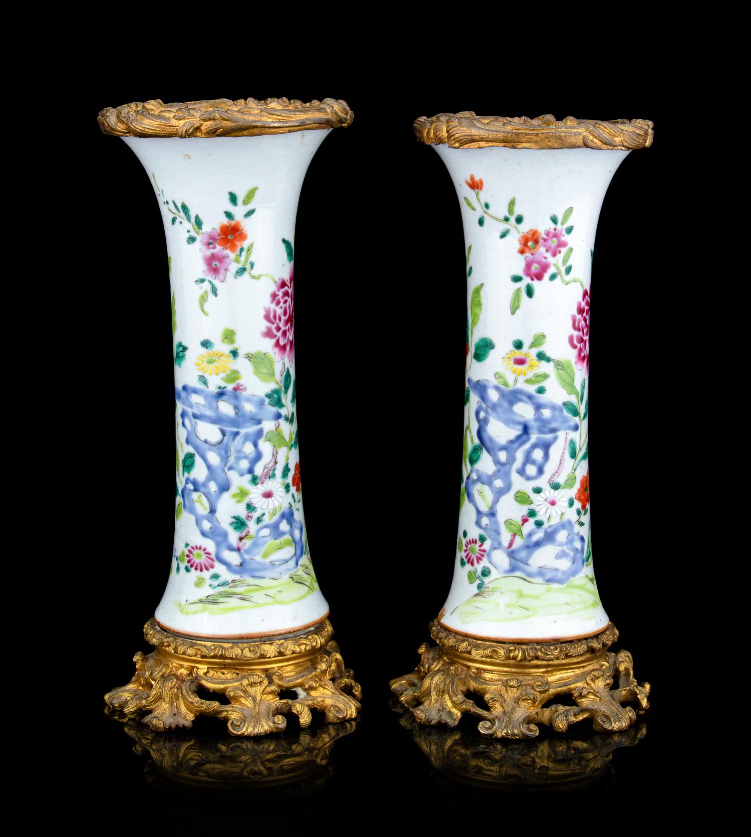 A Pair of Gilt Mounted Chinese Export Famile Rose Porcelain Gu Vases