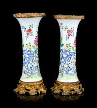 A Pair of Gilt Mounted Chinese Export Famile Rose Porcelain Gu Vases