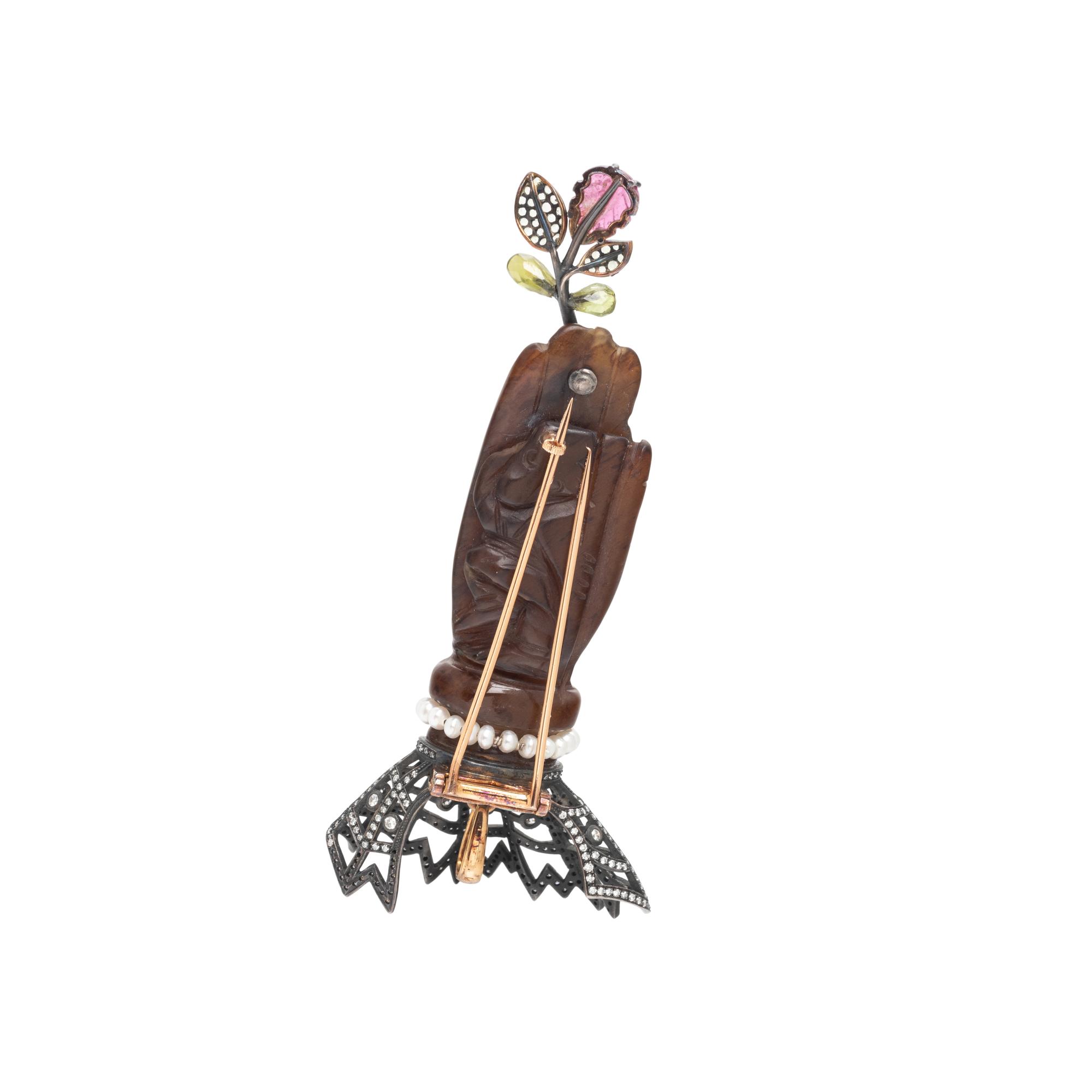 LUZ CAMINO, CARVED HAND AND MULTIGEM BROOCH