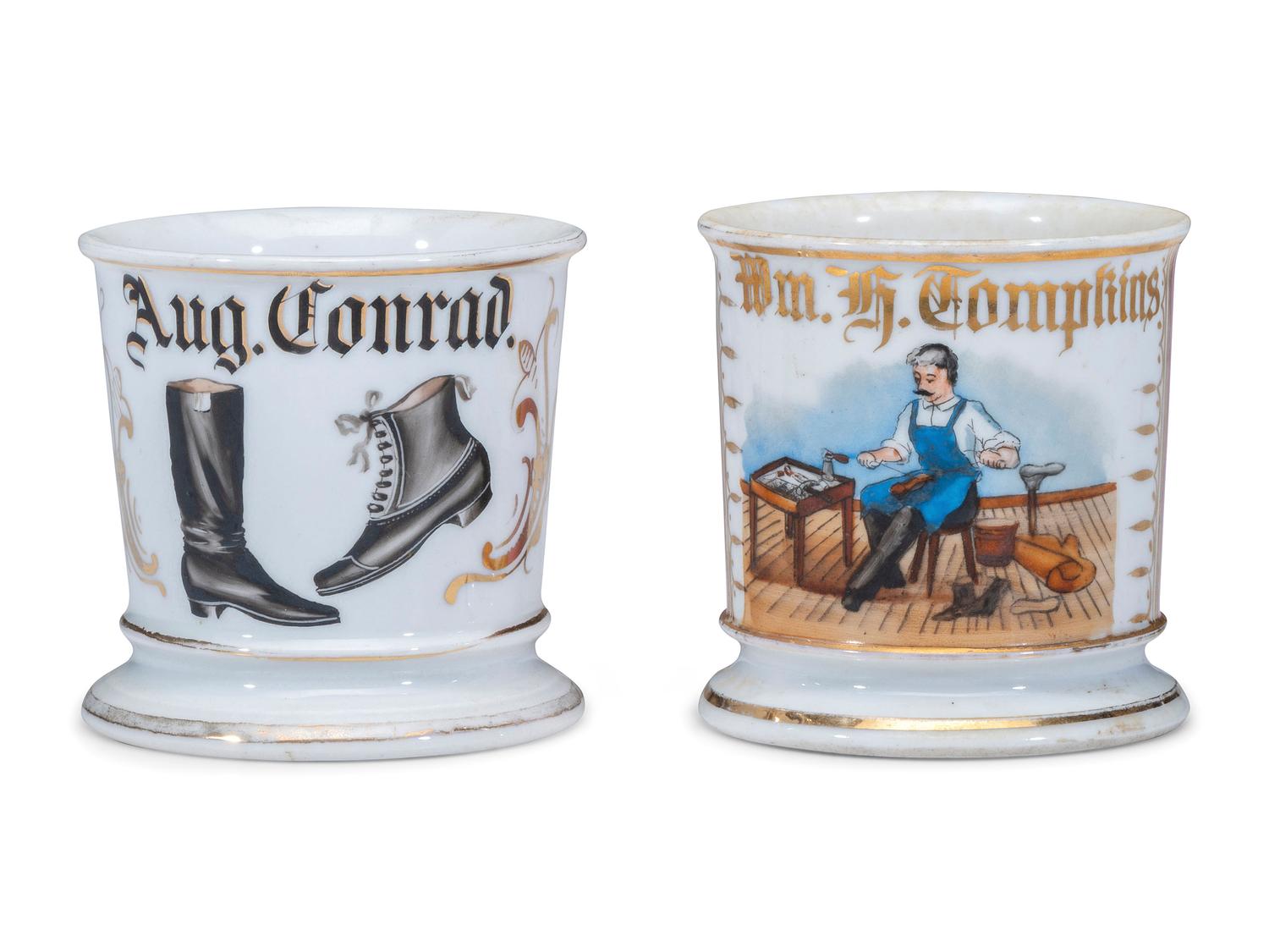 Two Cobbler's Porcelain Occupational Shaving Mugs
