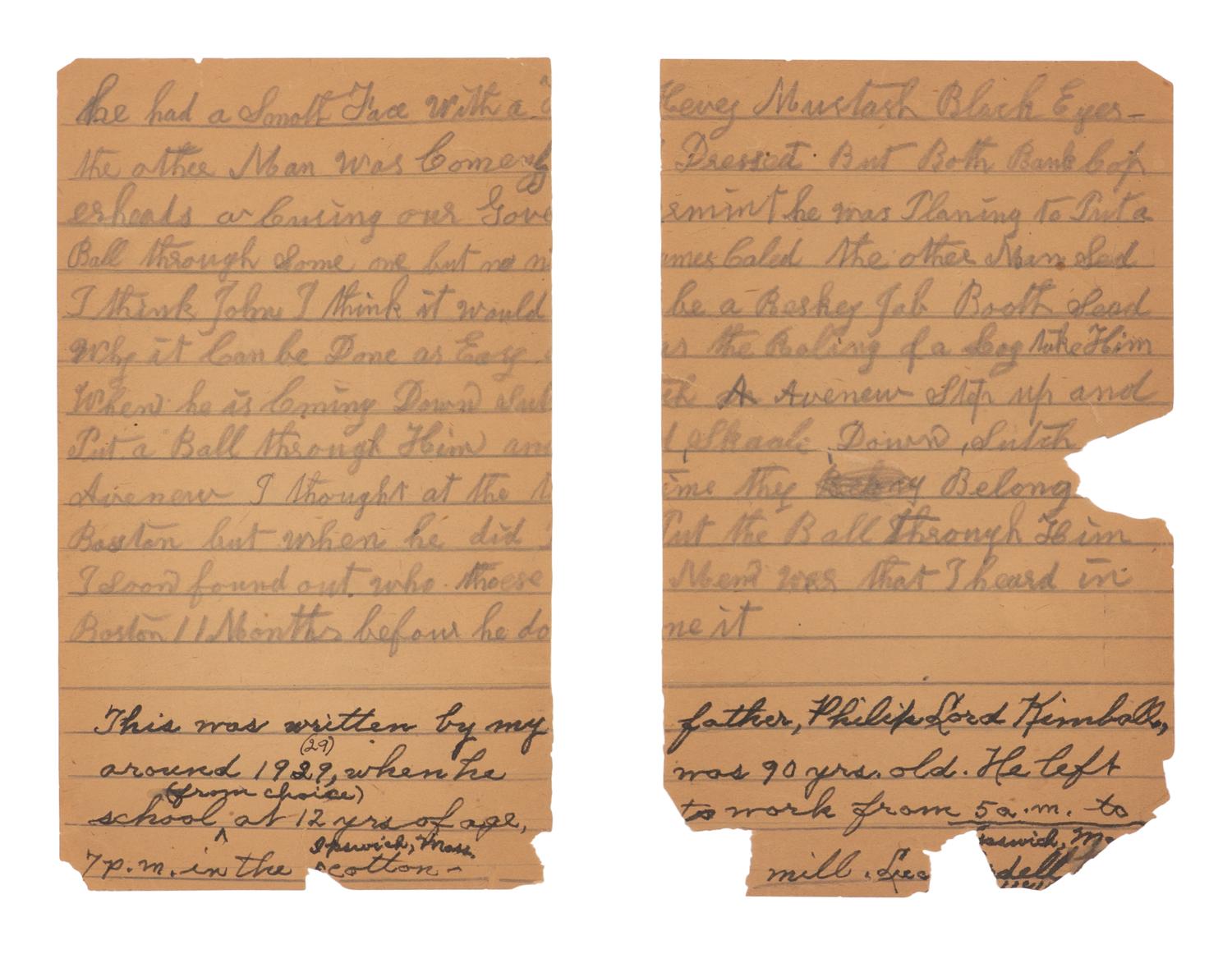 [BOOTH, John Wilkes (1838-1865)]. KIMBALL, Philip Lord. Partial manuscript, ca 1929.