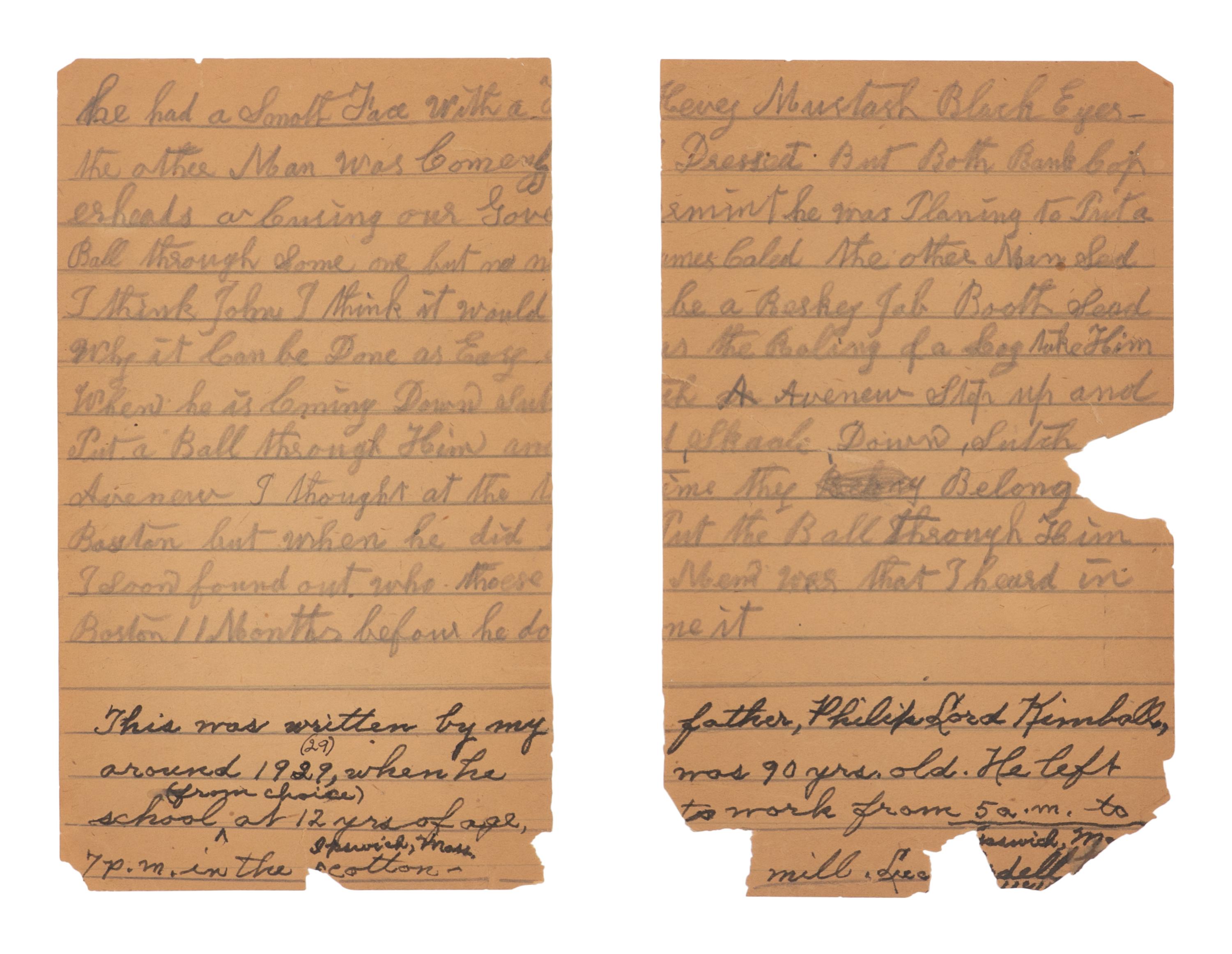 [BOOTH, John Wilkes (1838-1865)]. KIMBALL, Philip Lord. Partial manuscript, ca 1929.