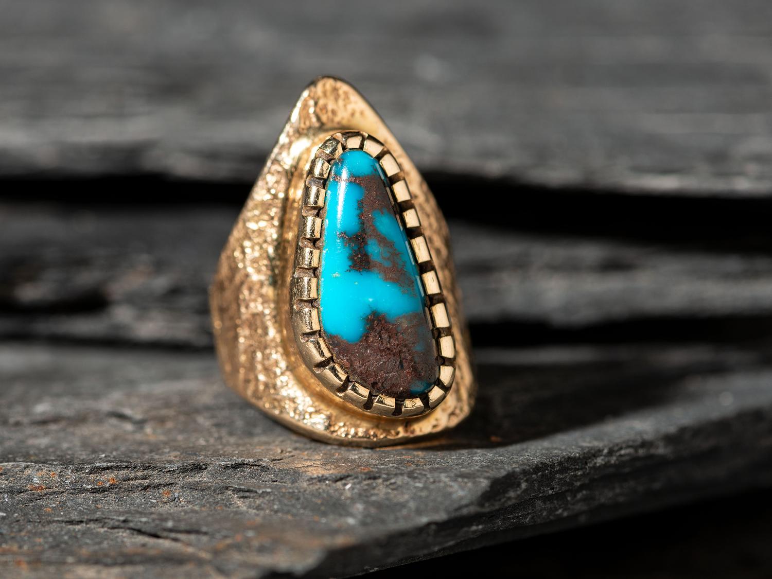 Bisbee Turquoise and 14K Gold Tufa Cast Shield Ring