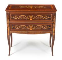An Italian Mahogany and Fruitwood Inlaid Marquetry Commode, Height 31 1/2 x width 53 x depth 20 inches.