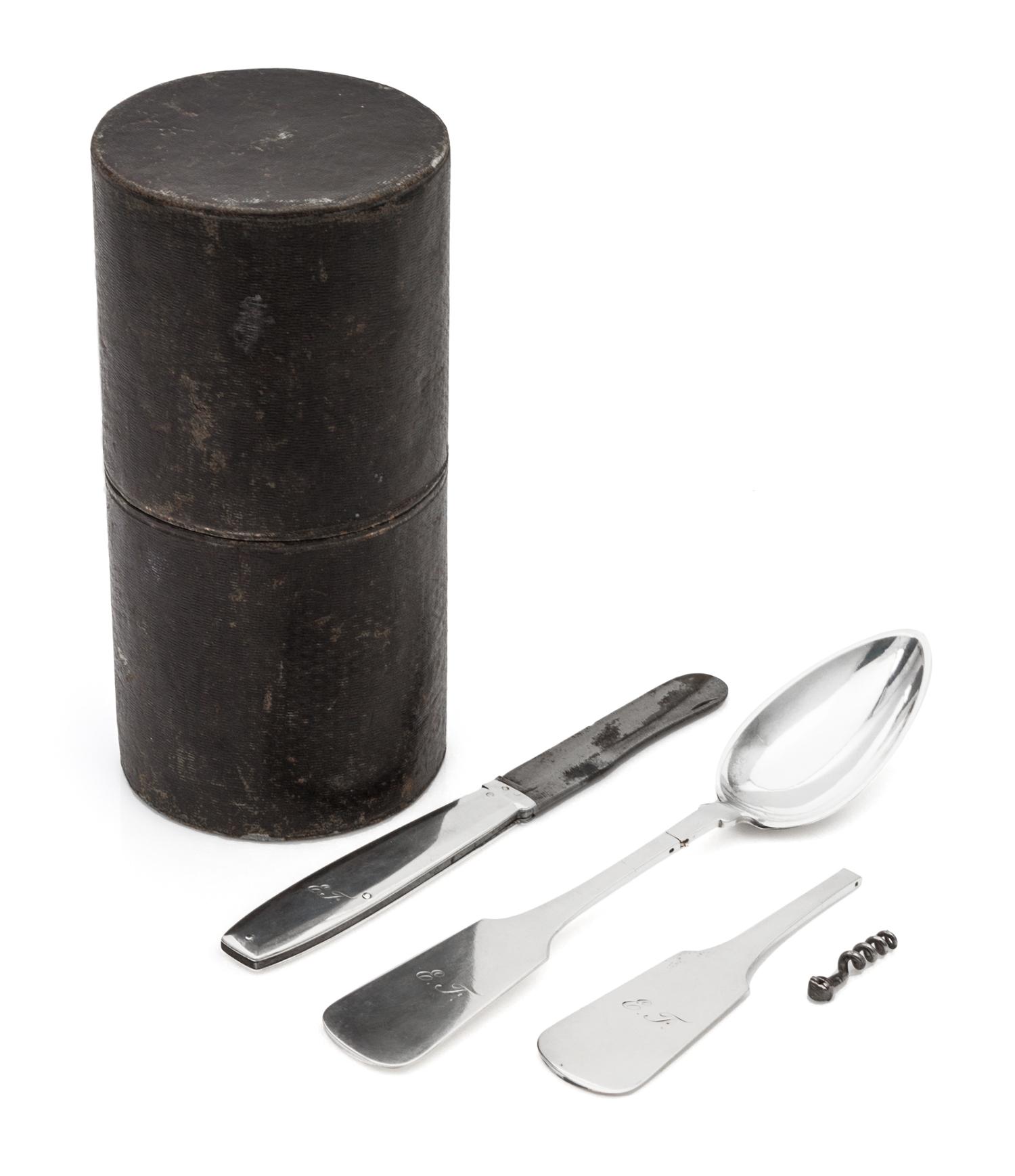 A German Silver Traveling Flatware Kit, Nuremburg, 19th Century, comprising a footed cup, a pocket knife, a spoon bowl, a spoon handle,