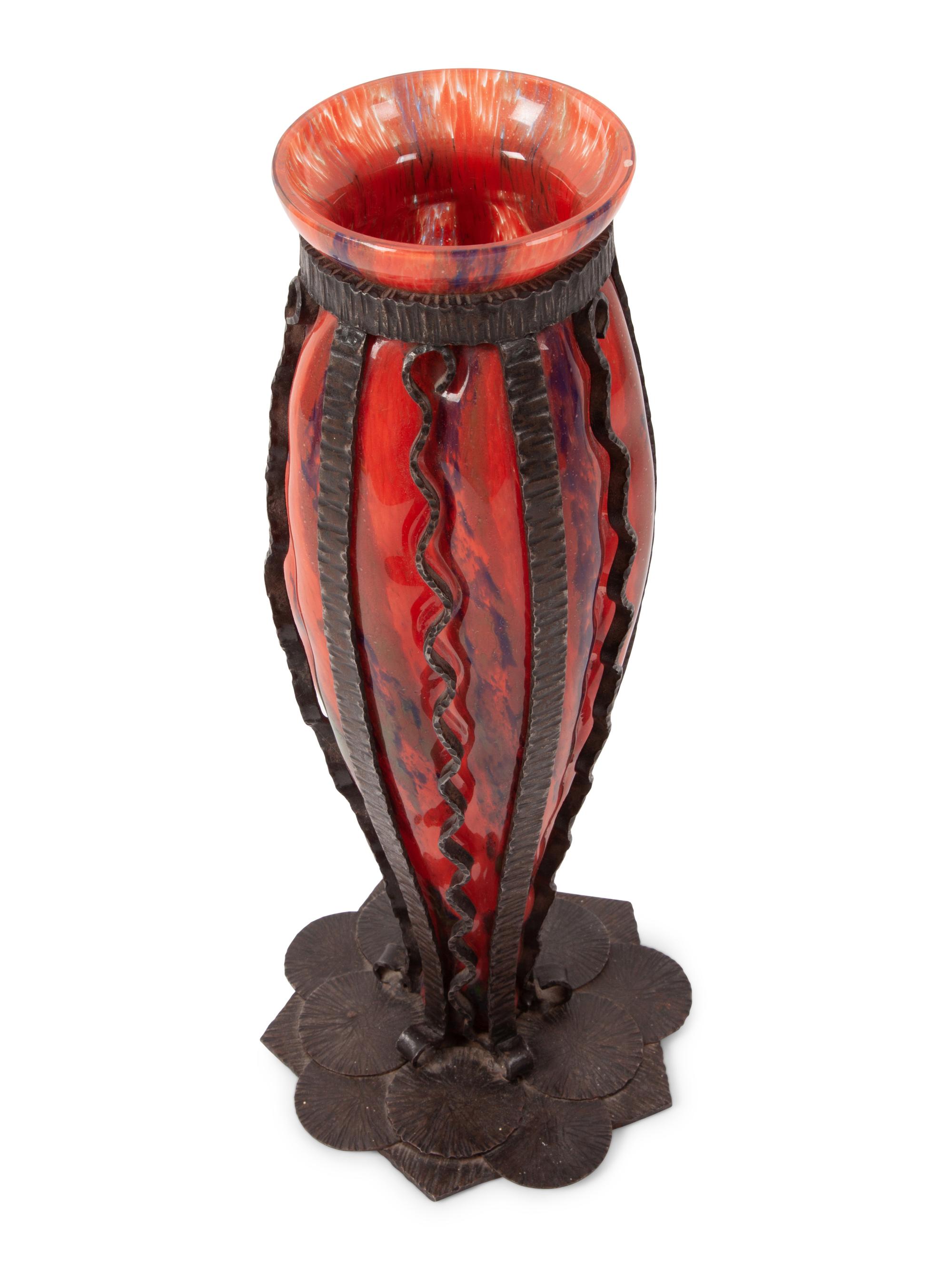 A Blown-Out Glass and Wrought Iron Vase, in the Manner of Charles Schneider