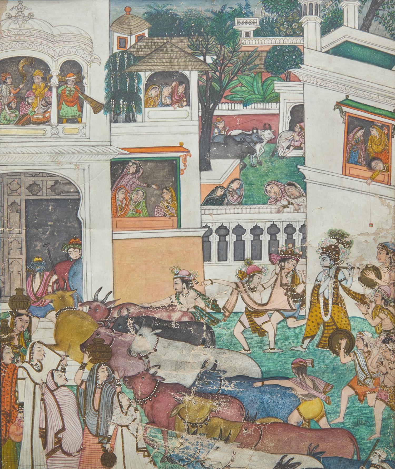 A Painting Depicting Krishna and the Hour of Cow Dust, India, Kangra Style, Late 19th/20th Century — 十九/二十世紀 康格拉派《黑天與牧牛人》圖