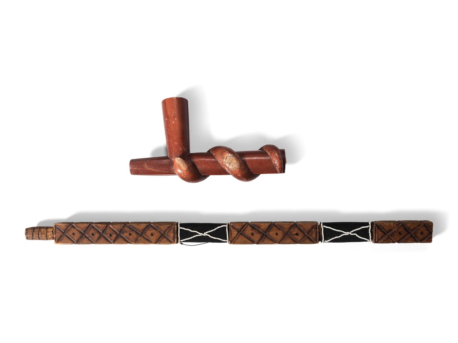 Western Great Lakes Carved Wood Stem, with Catlinite Snake Effigy Bowl