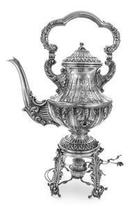 An Italian Silver Water Kettle on Lamp Stand, Likely Antonio Braganti, Florence, the kettle with engraved and repousse foliate and latt