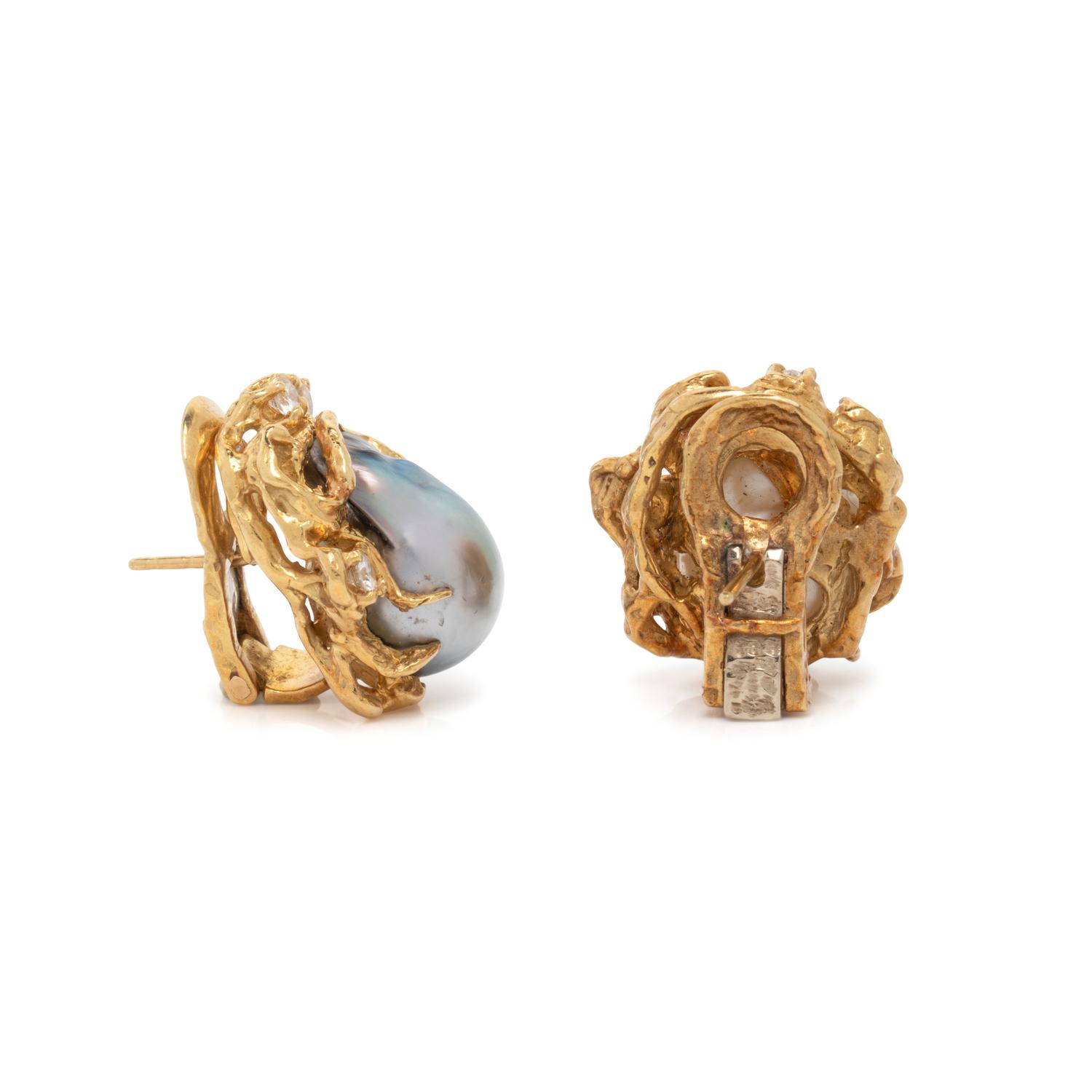 ARTHUR KING, BAROQUE CULTURED PEARL AND DIAMOND EARRINGS