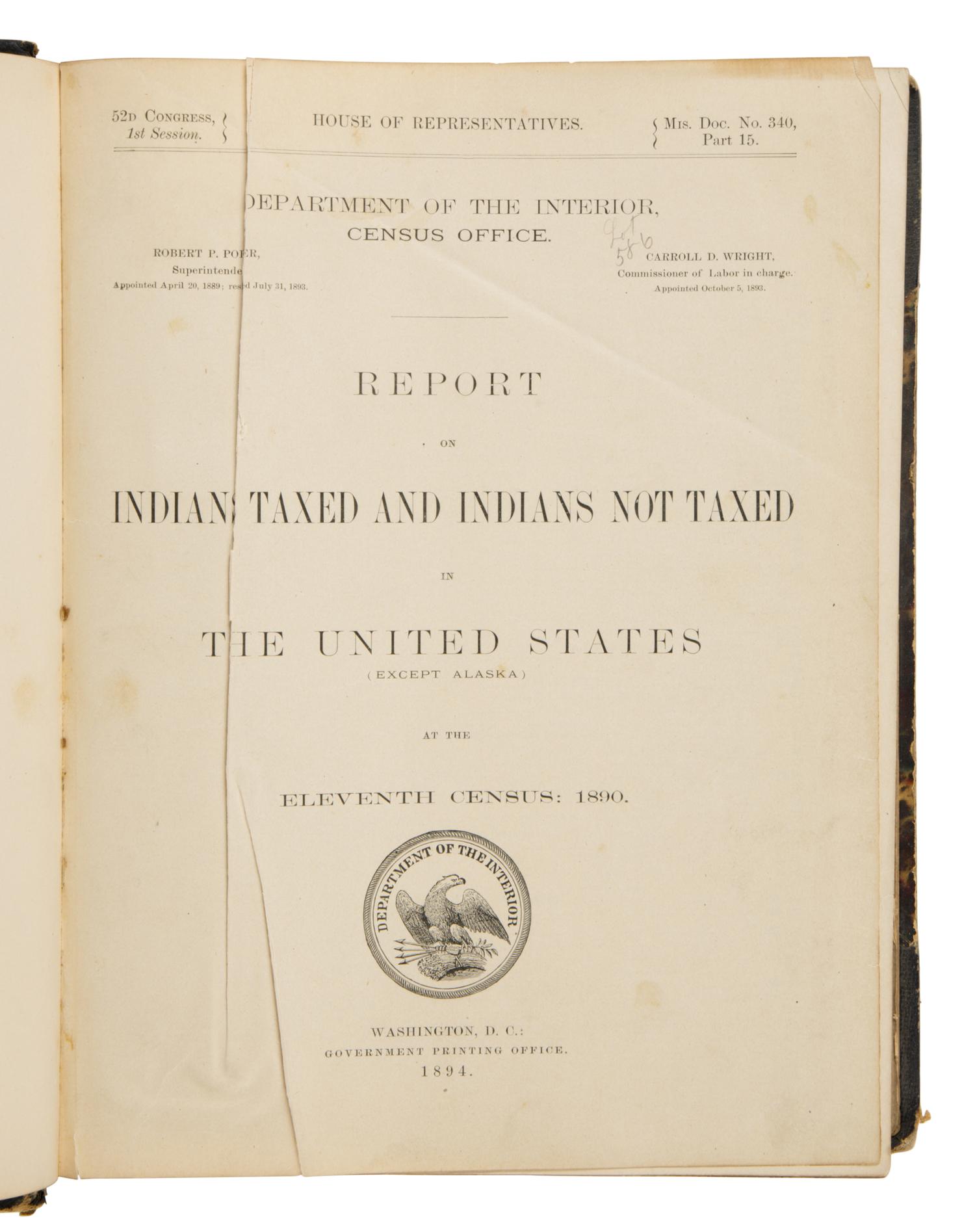 Donaldson, Thomas Corwin (1843-1898), ed. Report on Indians Taxed and Indians Not Taxed in the United States. Washington, DC: Government Printing Office, 1894.