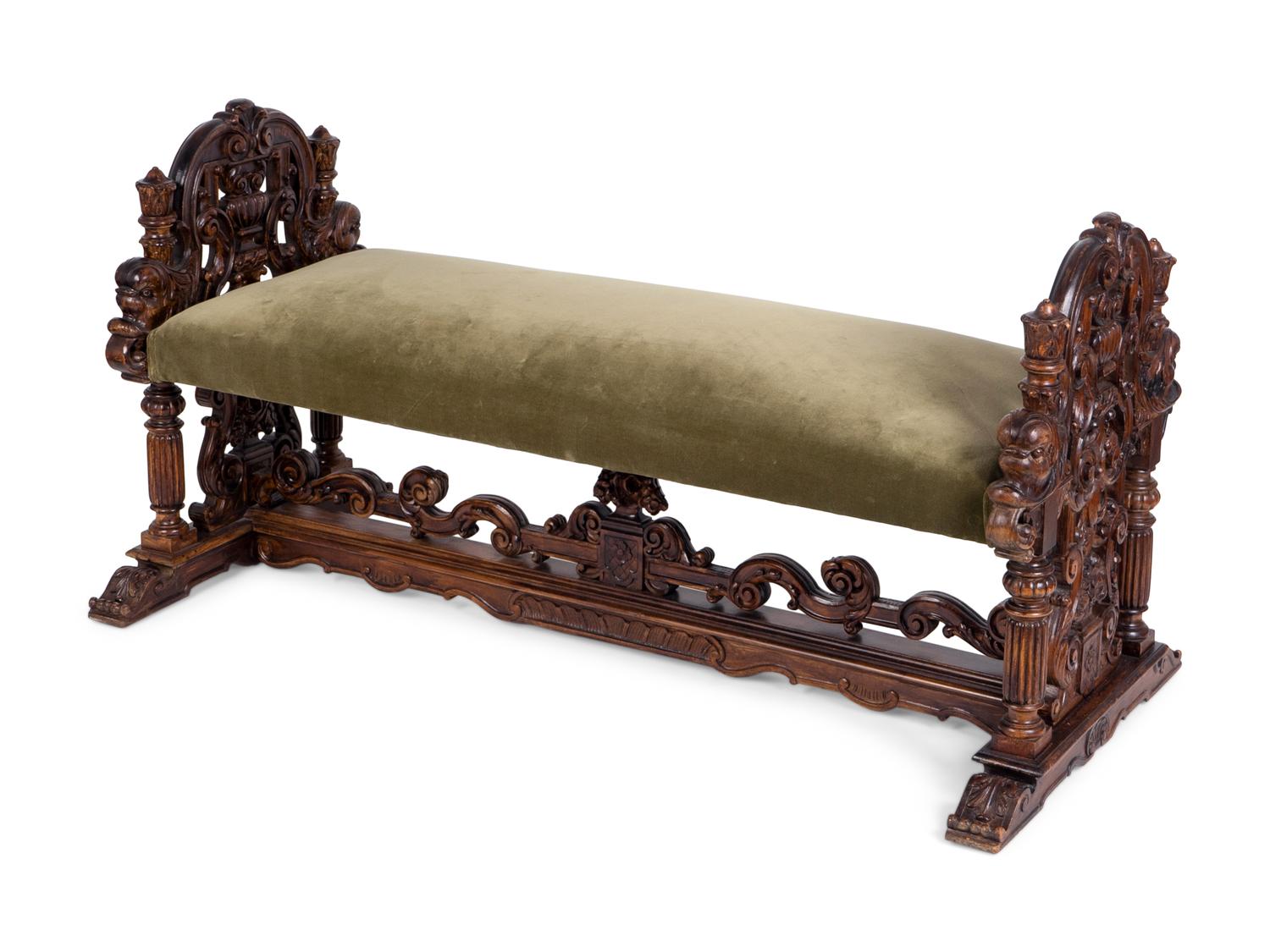 A Renaissance Style Velvet-Upholstered Walnut Bench — EARLY 20TH CENTURY