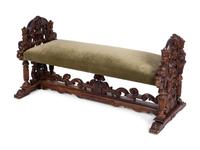 A Renaissance Style Velvet-Upholstered Walnut Bench — EARLY 20TH CENTURY