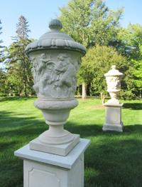 A Pair of Large Limestone Lidded Urns