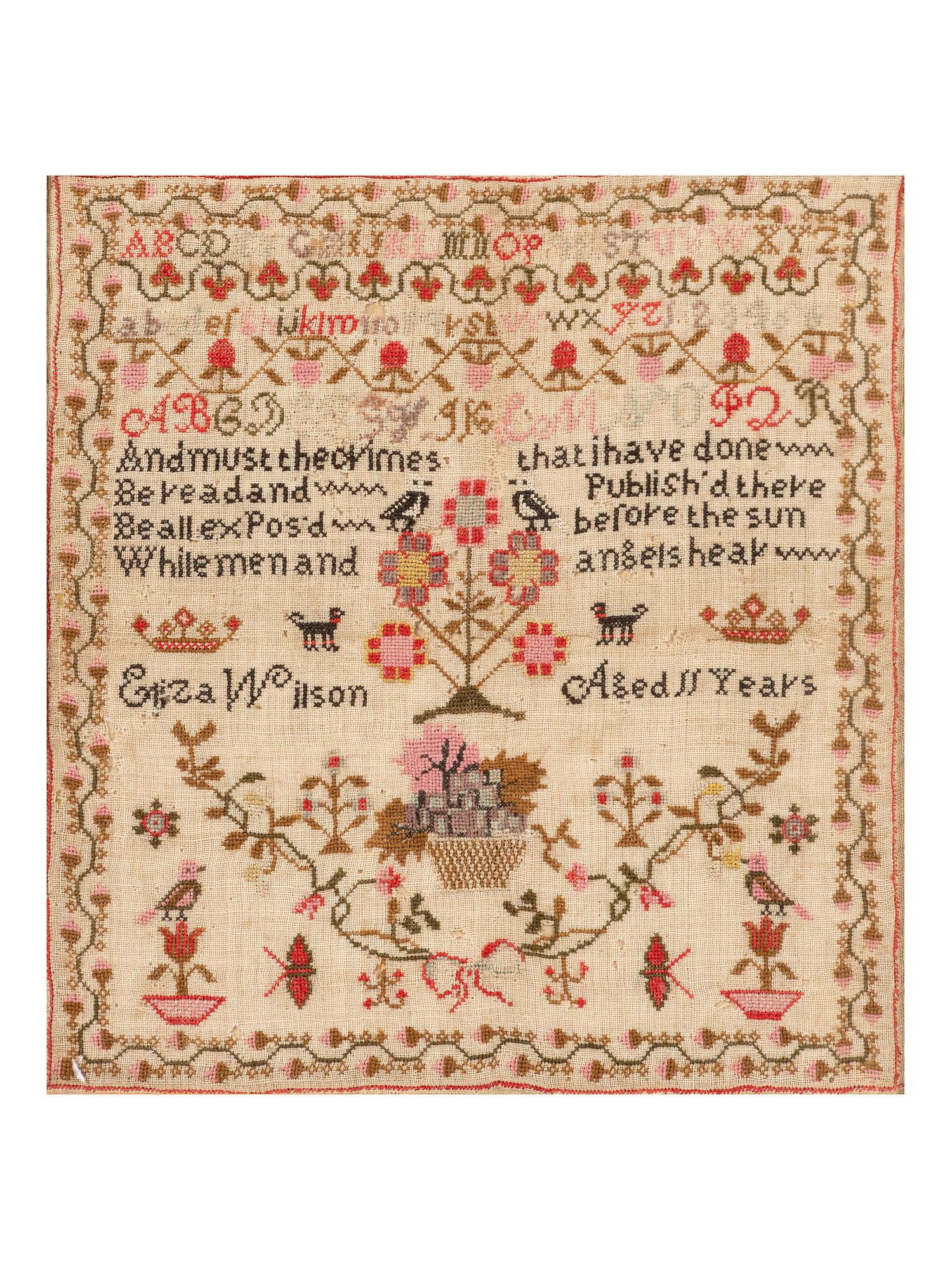 Four English Needlework Embroidered Pictorial Schoolgirl's Samplers
