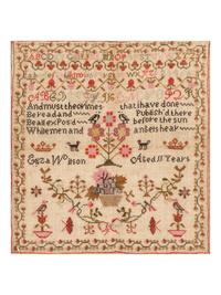 Four English Needlework Embroidered Pictorial Schoolgirl's Samplers