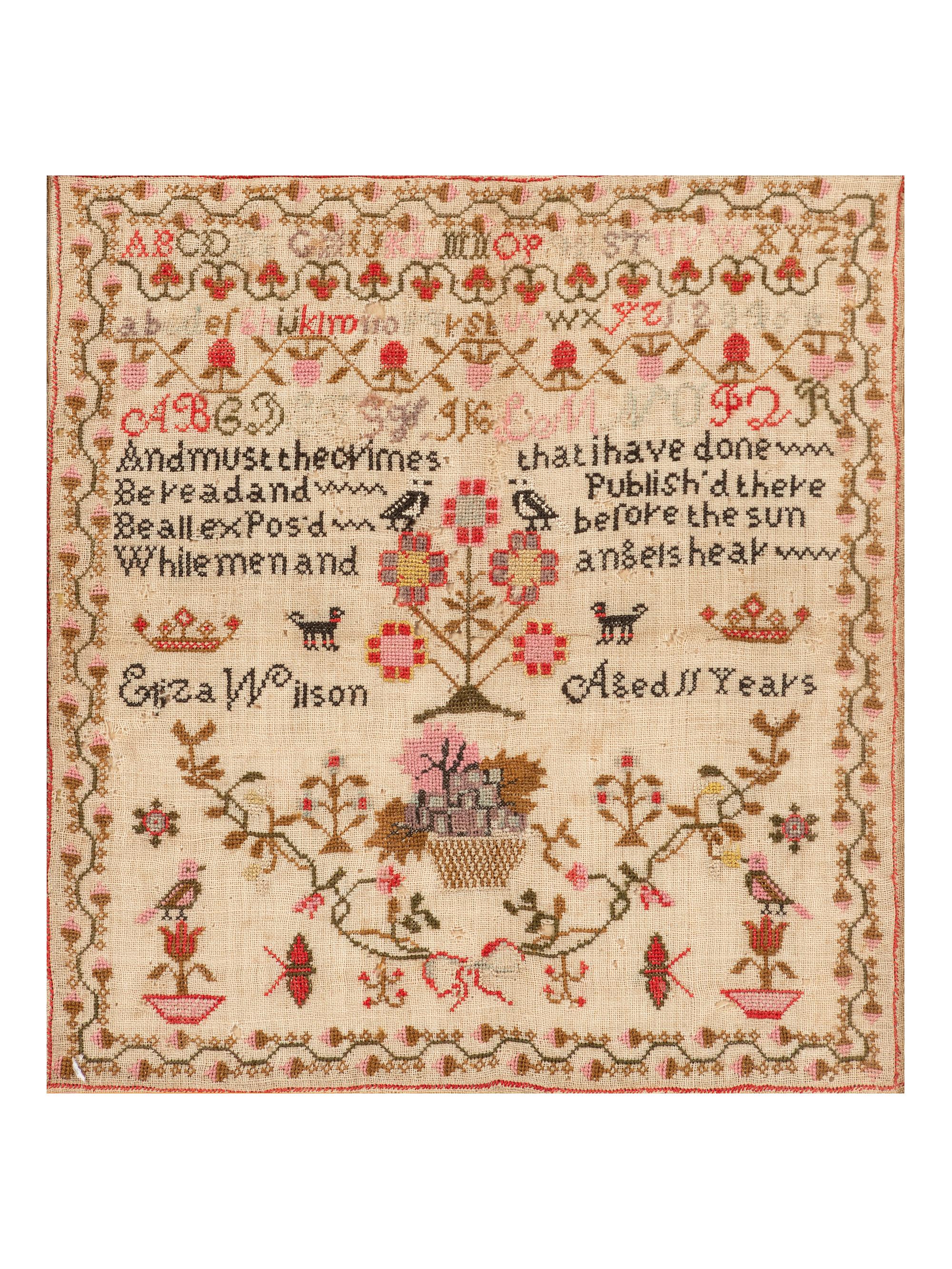Four English Needlework Embroidered Pictorial Schoolgirl's Samplers