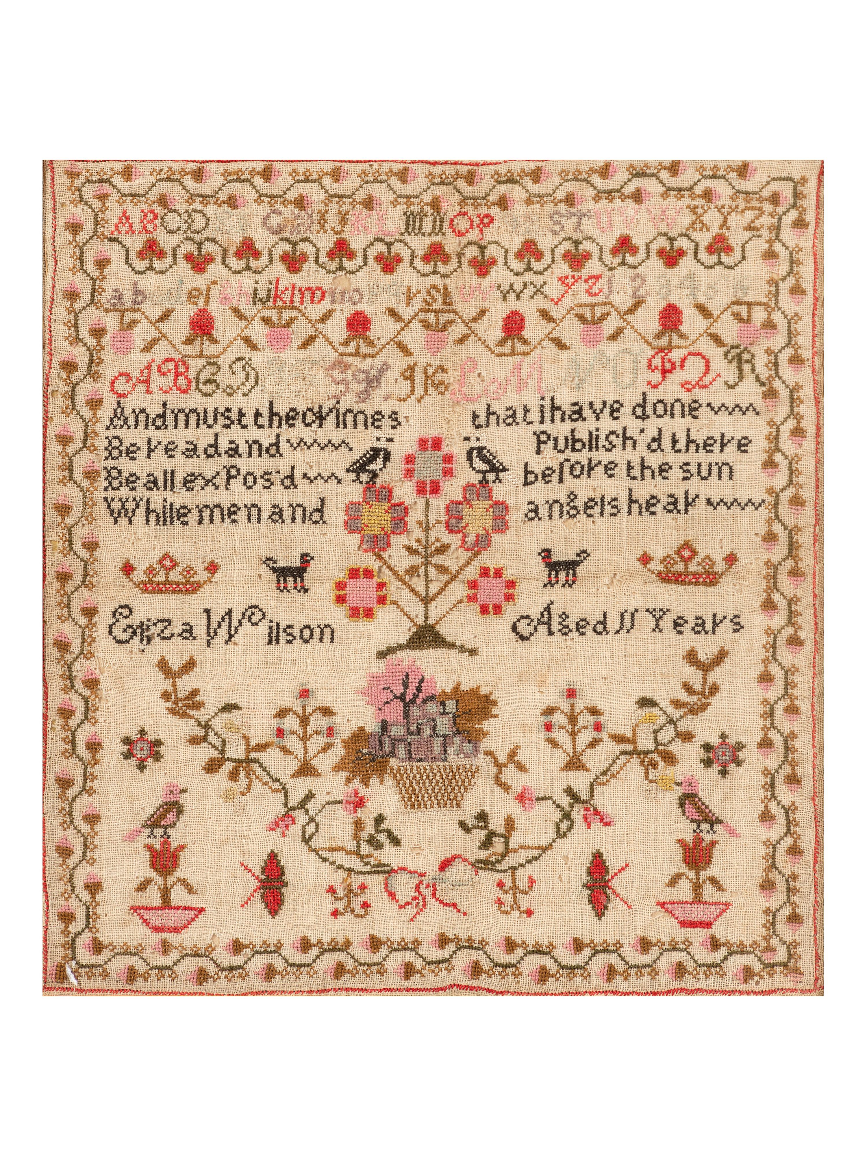Four English Needlework Embroidered Pictorial Schoolgirl's Samplers