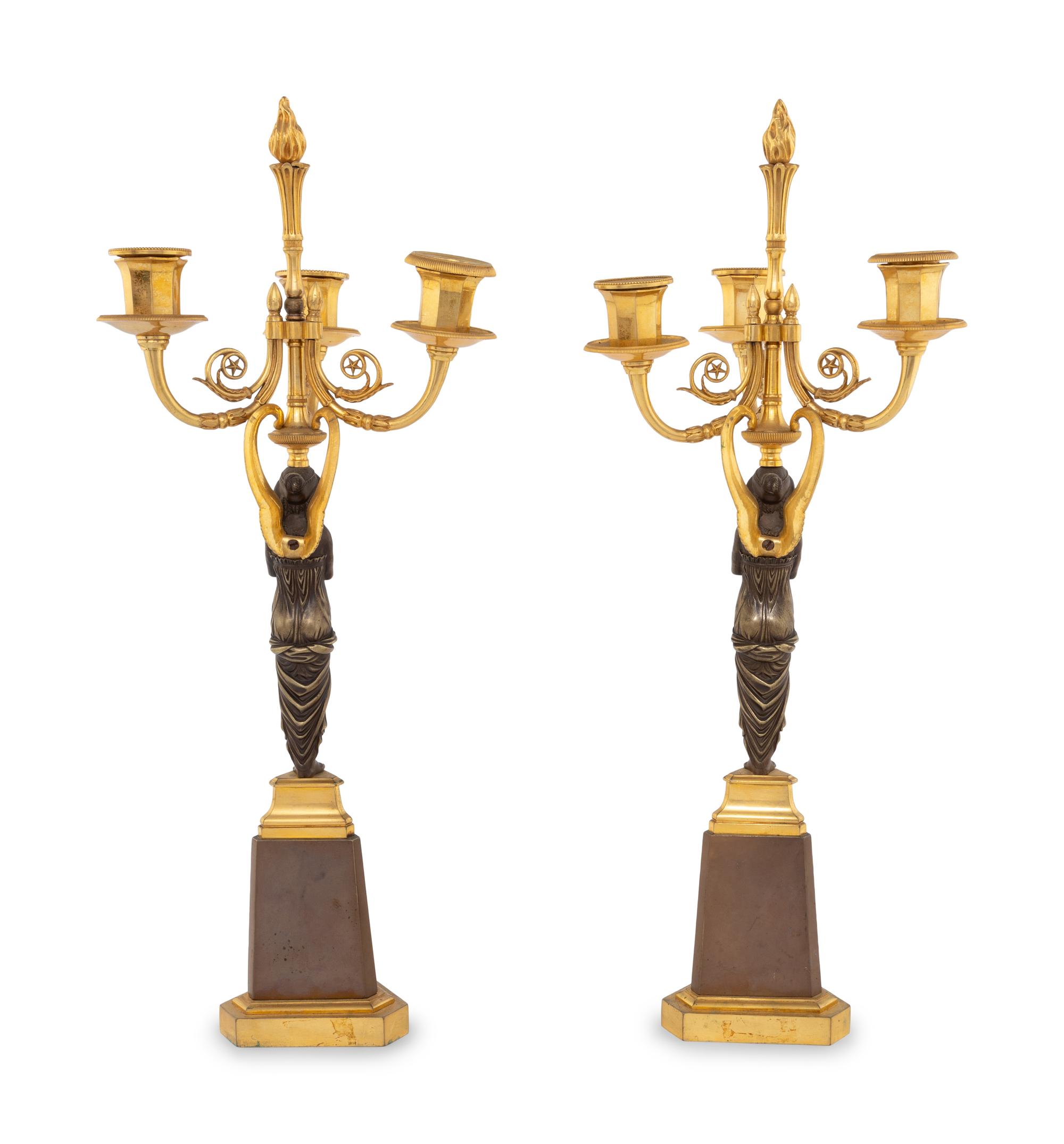 A Pair of Empire Style Gilt and Patinated Bronze Figural Candelabra