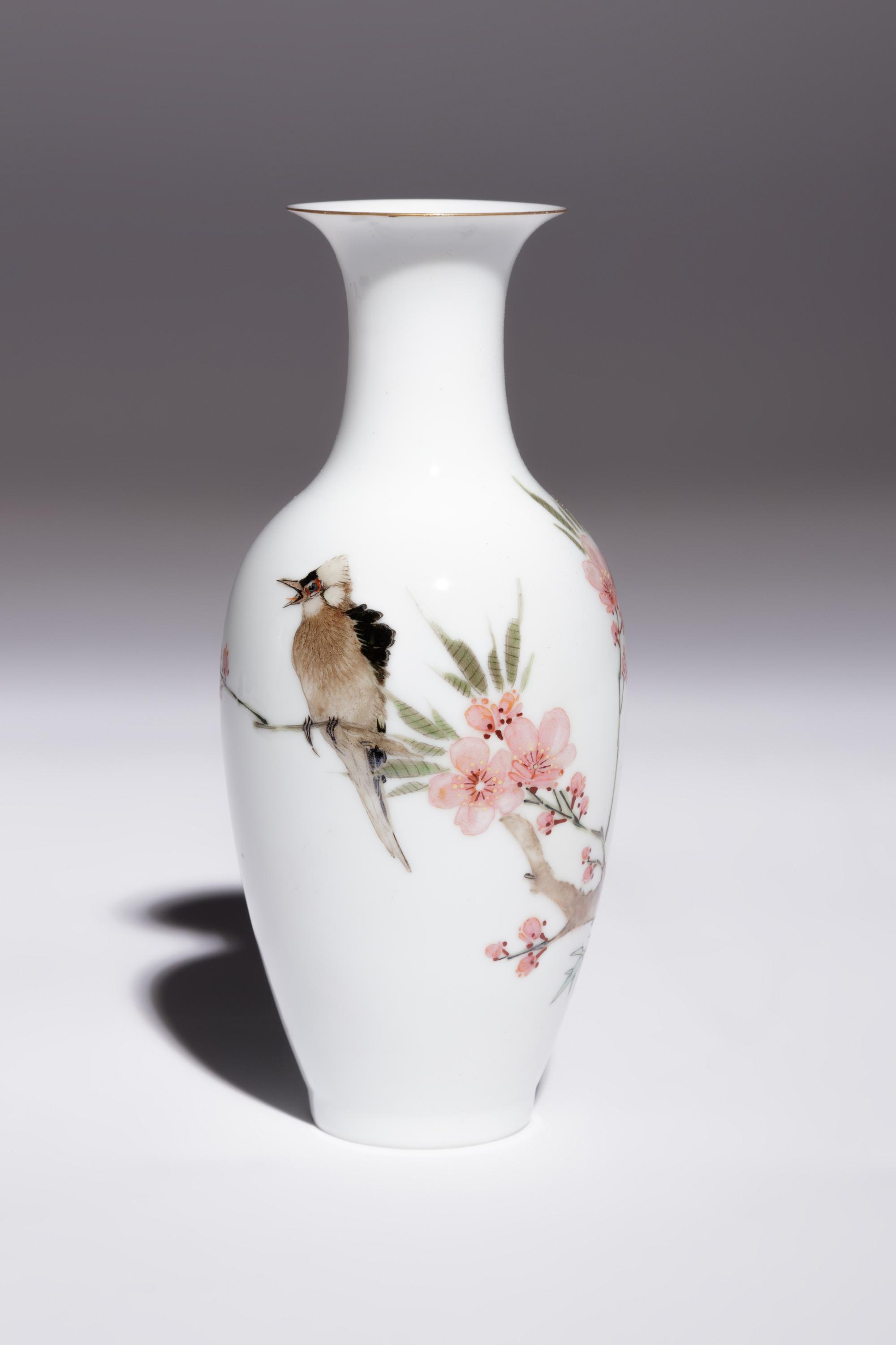Five Famille Rose Eggshell Porcelain 'Birds' Vases