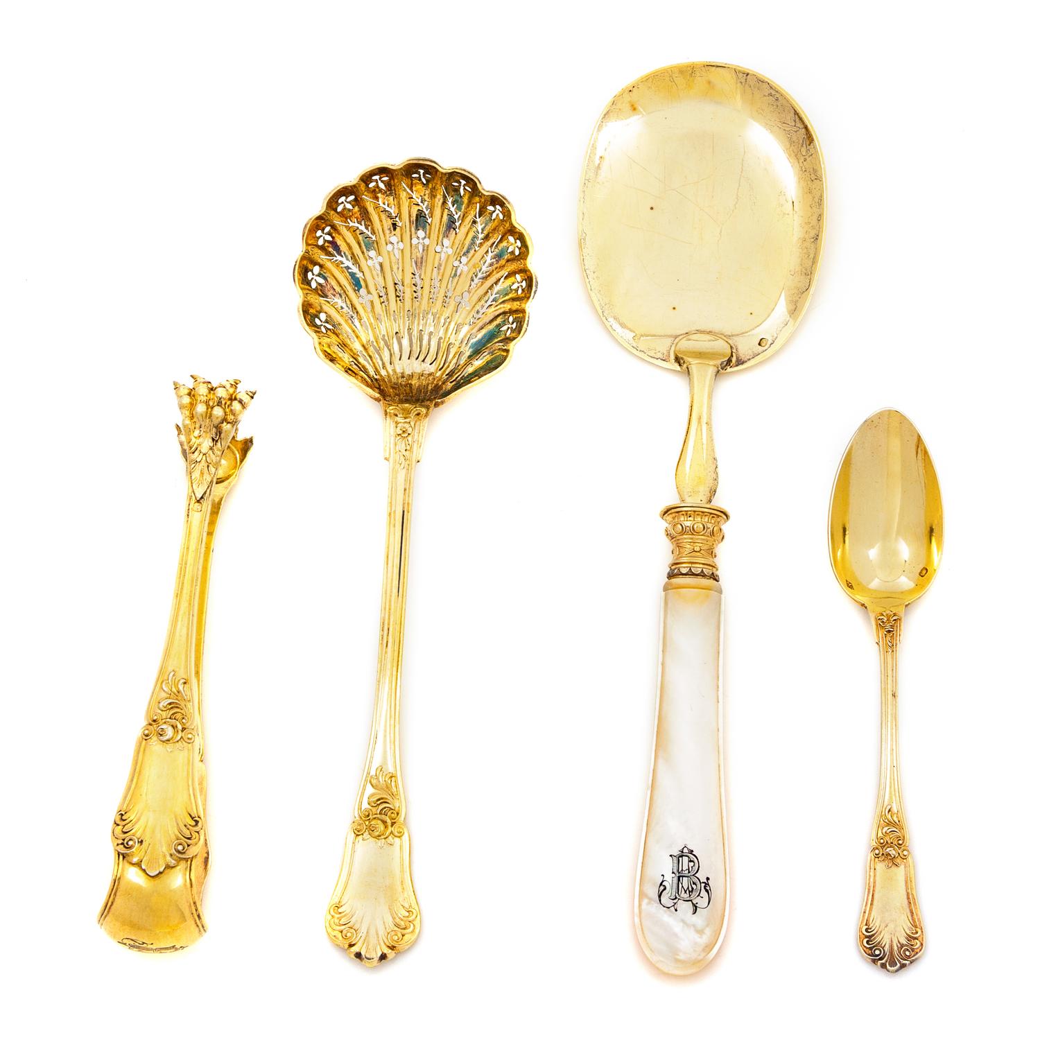 A French Silver-Gilt Dessert Service, Pierre Queille, Paris, Late 19th Century, the underside of the handles with a script monogram, co