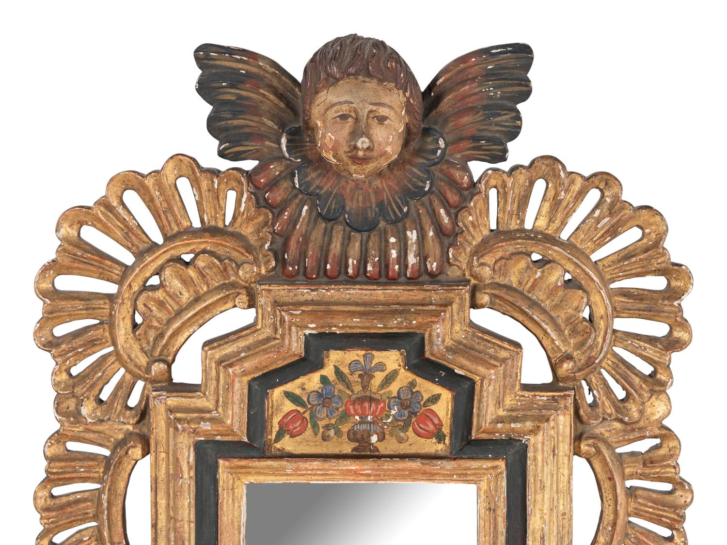 A Continental Style Carved and Polychrome Painted Mirror