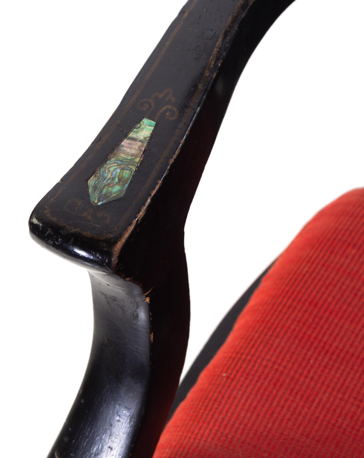 A French Painted and Mother-of-Pearl Inlaid Black Painted Hall Bench