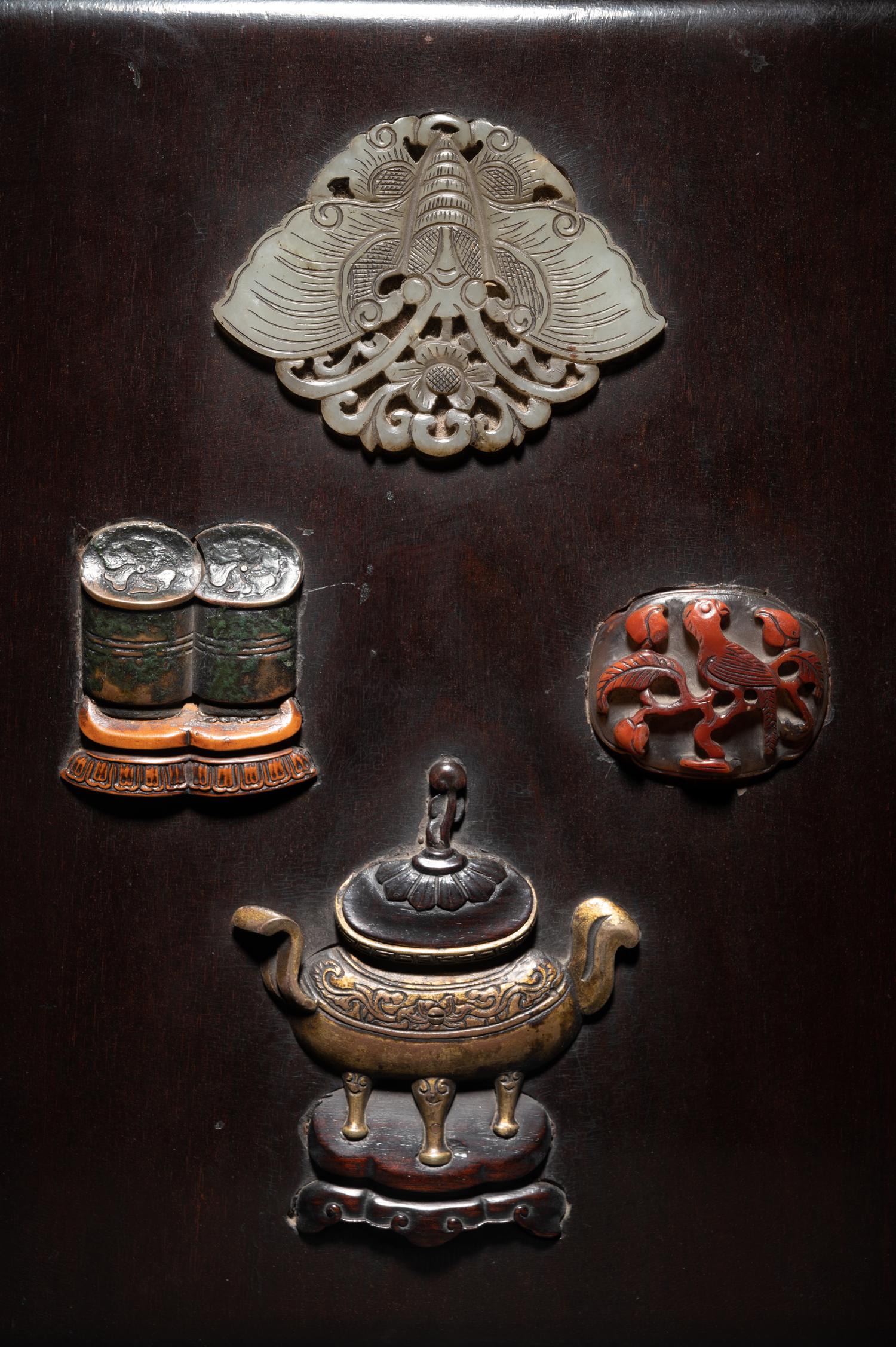 A Chinese Jade, Hardstone and Bronze Inset Lacquered Wood Covered Box